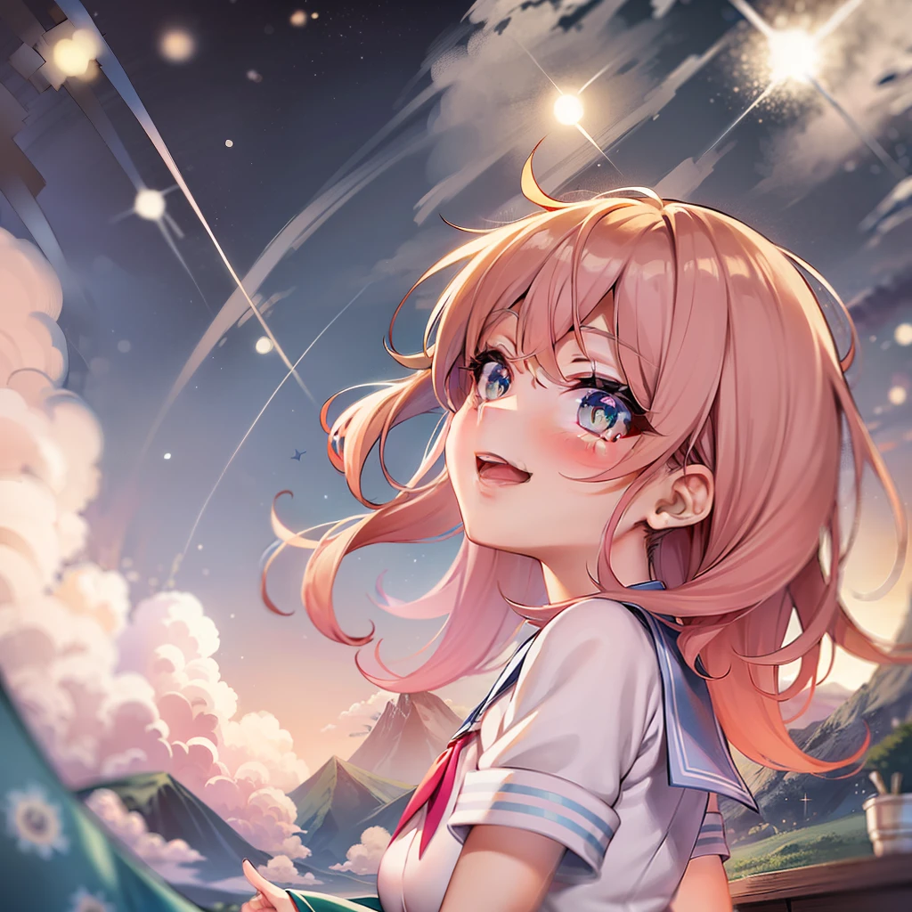 with the sky full of stars,Green mountains,Several meteors streaked across the sky,A comic girl,A pink-haired,White sailor suit,Beth,Facing the screen