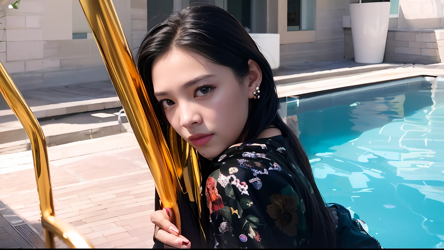 There was a woman standing next to the pool,Holding a metal pole, blackpink jennie, portrait of jossi of blackpink, On a sunny day, sun yunjoo, jossi of blackpink, Kim Tae-joon, Choi Hyun-hwa, lee ji eun, Sunny day, Lee Ji-eun, roseanne park of blackpink, glossy magazine photoshoot