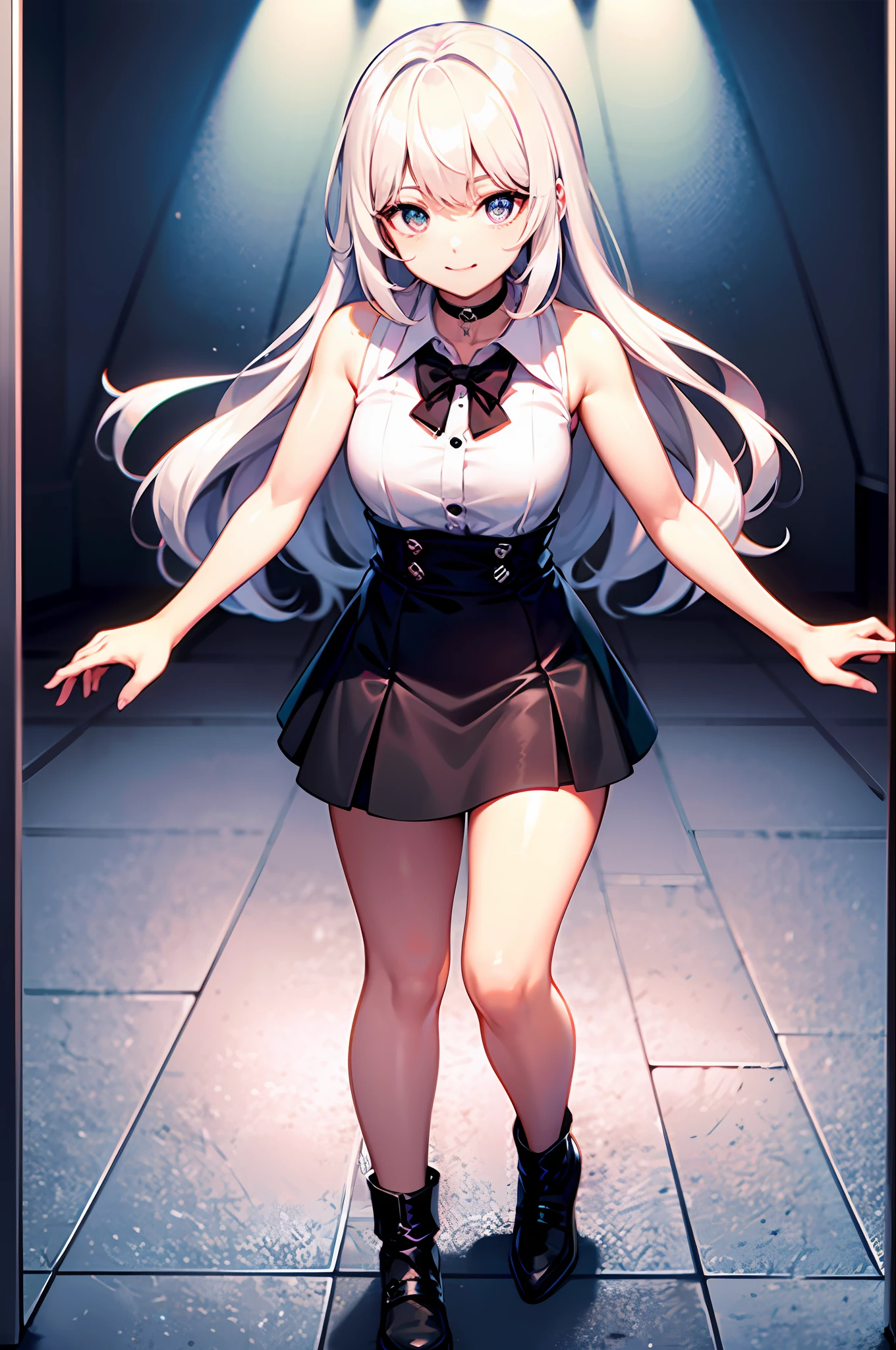 best quality, ultra high res, 1girl, sleeveless white button shirt, black skirt, black choker, cute, (Kpop idol), (aegyo sal:1), (platinum blonde hair:1), ((puffy eyes)), looking at viewer, full body, facing front