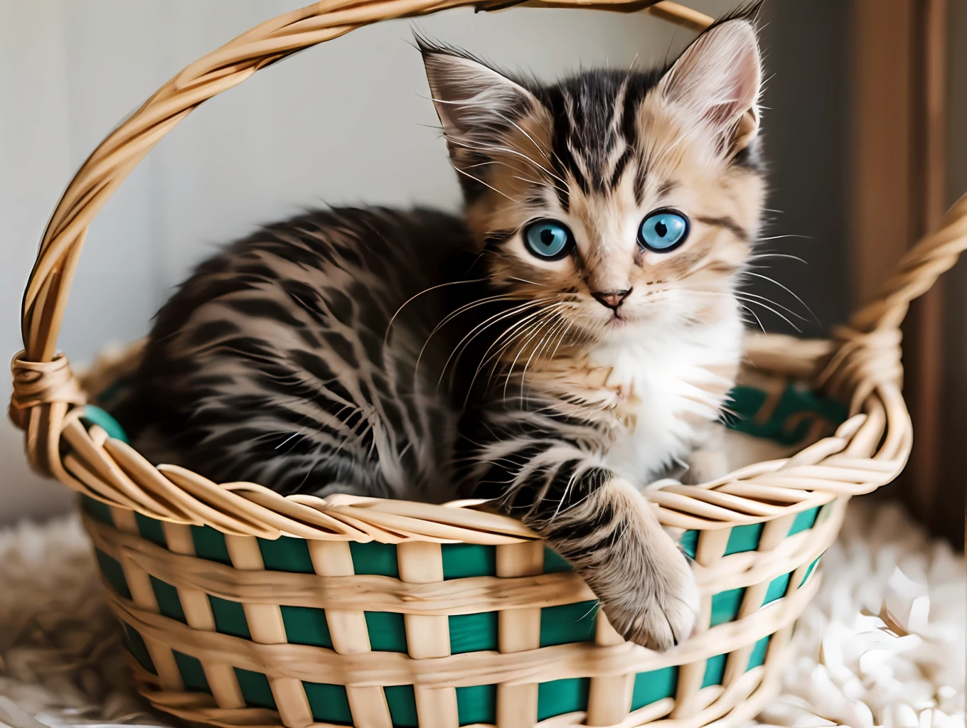 The image shows a cute kitten, which sits quietly in a cozy basket. The kitten has a fluffy coat and bright eyes, that attract attention. He looks very sweet and happy. The basket is made of natural materials and decorated with a floral pattern, which adds aesthetic appeal to the image of a kitten. The photo was taken in high resolution, which allows you to see the smallest details on the kitten's fur and the texture of the basket. Around the kitten you can see soft lighting, which creates an atmosphere of comfort and coziness.
