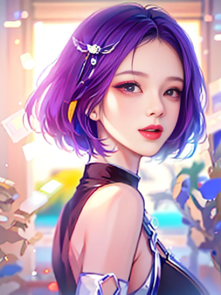 Soft short hair，AI digital human，The skin is real，short detailed hair，Blue-purple，Realisticstyle，The mouth is slightly open ，Korean girl portrait ，Realiy，photorealestic，ultra-realistic realism --auto