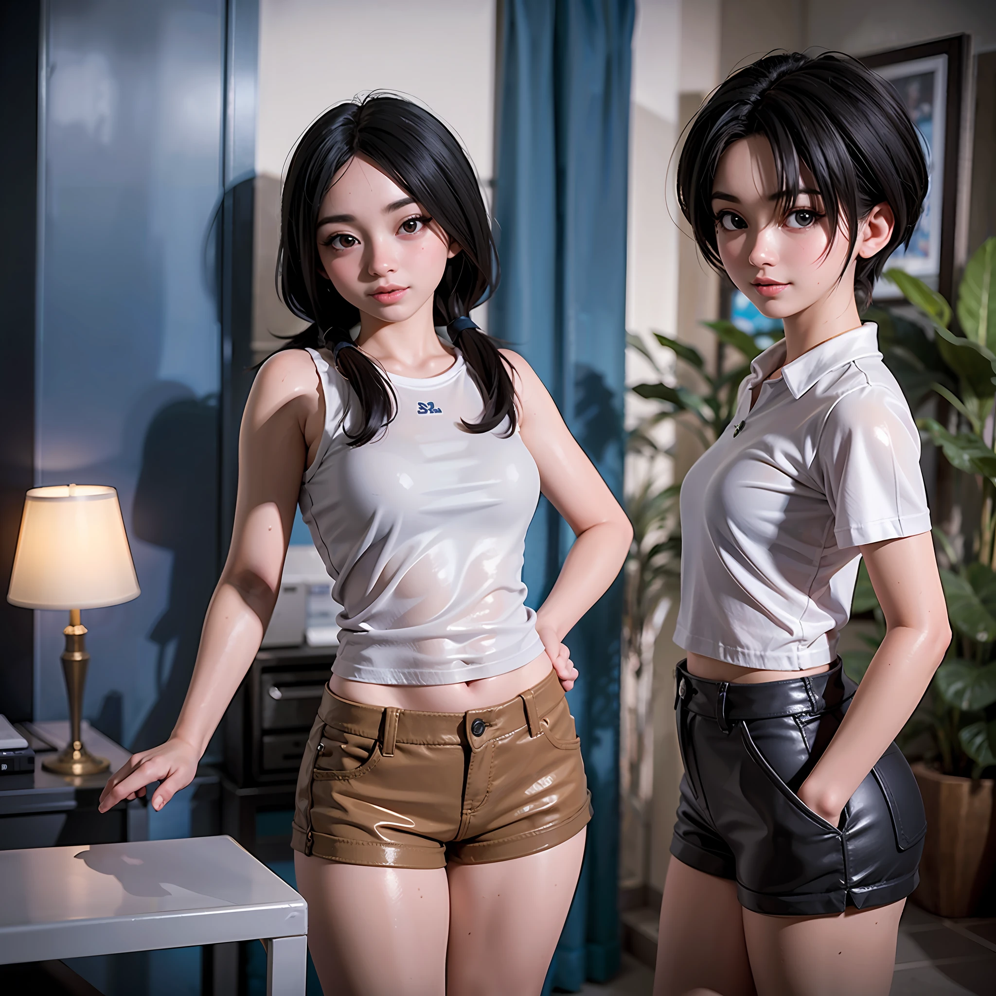 1 girl, Videl from dragon ball Z,  em shorts pretos curtos e camisa branca, apertada, posando para uma foto, Menina anime na vida real,bonita, linda mulher coreana jovem, Anime Garota Cosplay, terno liso branco apertado roupas terno, vestindo camisa apertada, camisa apertada, usando roupas simples e apertadas, degree of transparency, anime realista, anime hiper realista, menina anime atraente, Mulher coreana, sexy N-SFW, hot girl