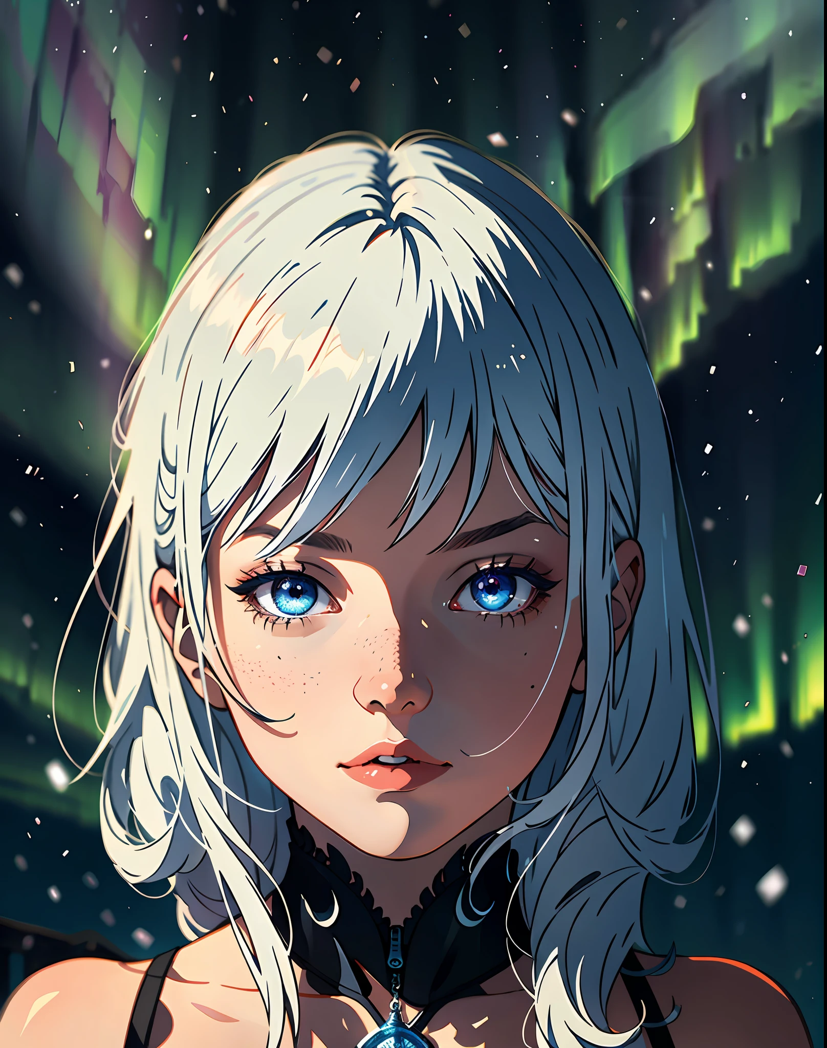 detailed illustration,natural lighting, aurora night, digital artwork, extremely detailed,(grainy:0.6),
BREAK
detailed face, blue iris, detailed eyes, detailed hair, snowfall night aurora
