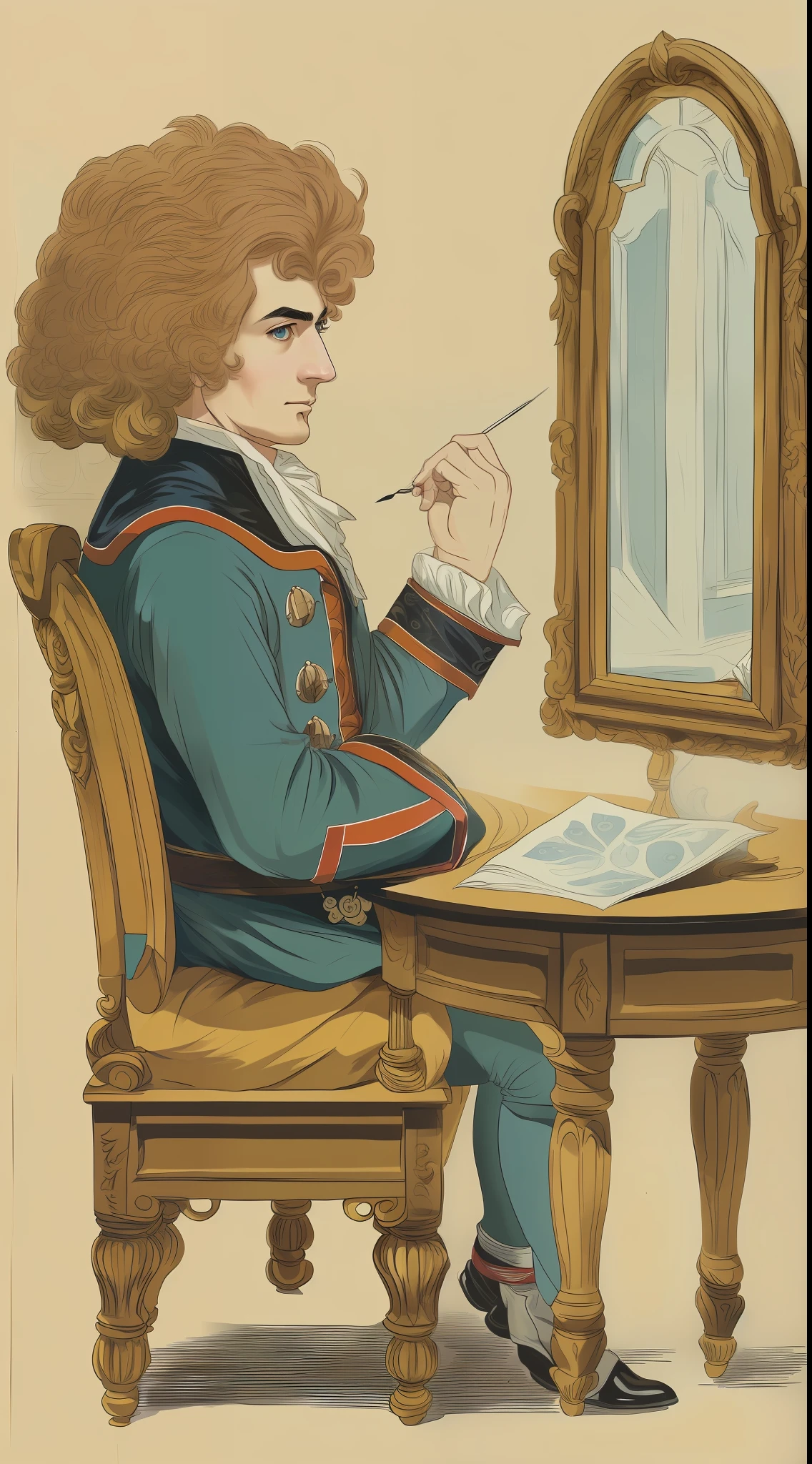 England in the seventeenth century，of a guy，Solo，Physicist Newton，eBlue eyes，The two curved eyebrows are like paint，The eyebrows are divided into eight numbers，Wearing an English Buda shirt，Sit at the round table，Comb your hair in front of the mirror，Narcissistic expression，Wear the official uniform of Cambridge College，He picked up a hairpin from the table，Secure the wig in front of the mirror，（seen from the side:1.3）