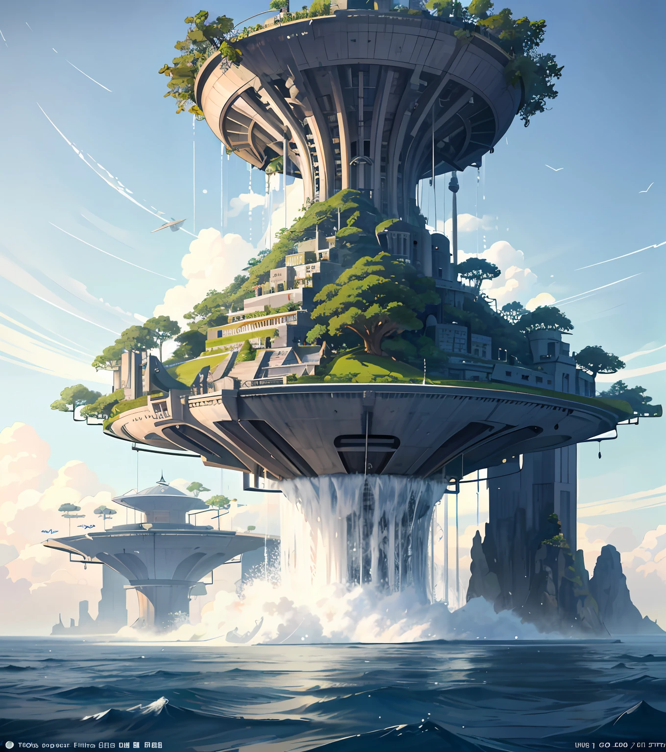 Many islands are suspended in the air,Many small airships flew around,城市,fanciful,Amazing plant growth,Island suspended in the air,The waterfall remains,extremy detailed,Technologie,Spaceship,sky cities,On the largest island in the middle, There are large trees supporting the sky,realistic raytraicing,Epic composition,(Complicated details),(Complex design,Hyper-detailing:1.2),art stations, (tmasterpiece,best qualtiy),hyper HD,32K --v 6