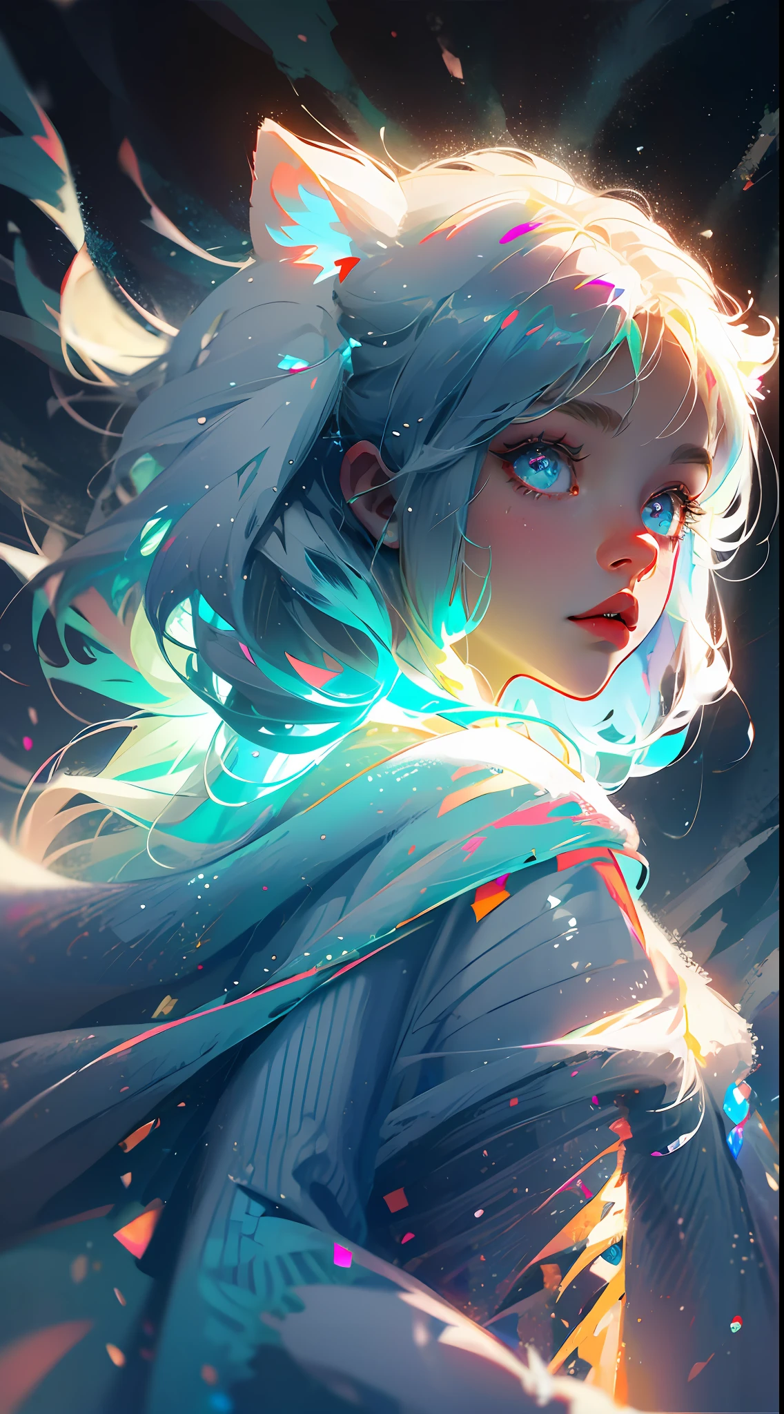 Heavy snow, girls, auroras, winter season, snowfall, glowing background, glittering lights