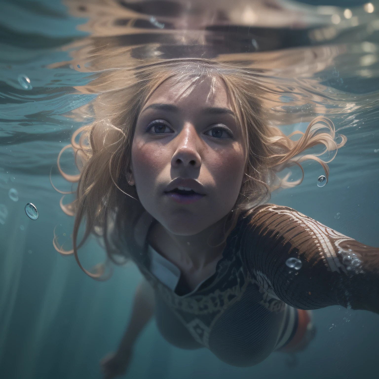 35mm, f/2.8, Incredible detail and realistic body shots, A small light coming in from below, A blonde woman swimming at the bottom of the sea, Small surface like a mirror, Perfect body, Beautiful human legs, Her beautiful face,