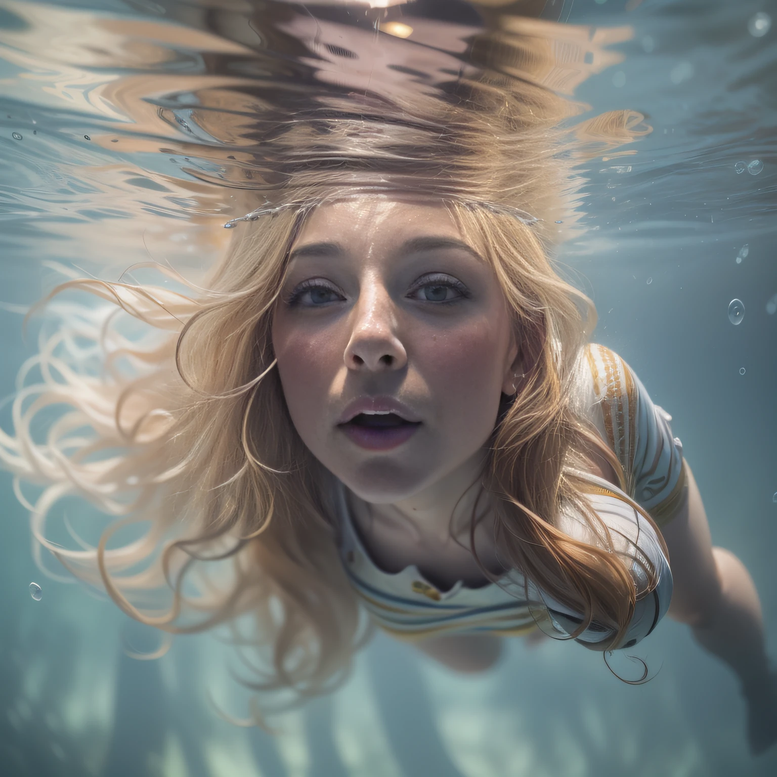 35mm, f/2.8, Incredible detail and realistic body shots, A small light coming in from below, A blonde woman swimming at the bottom of the sea, Small surface like a mirror, Perfect body, Beautiful human legs, Her beautiful face,