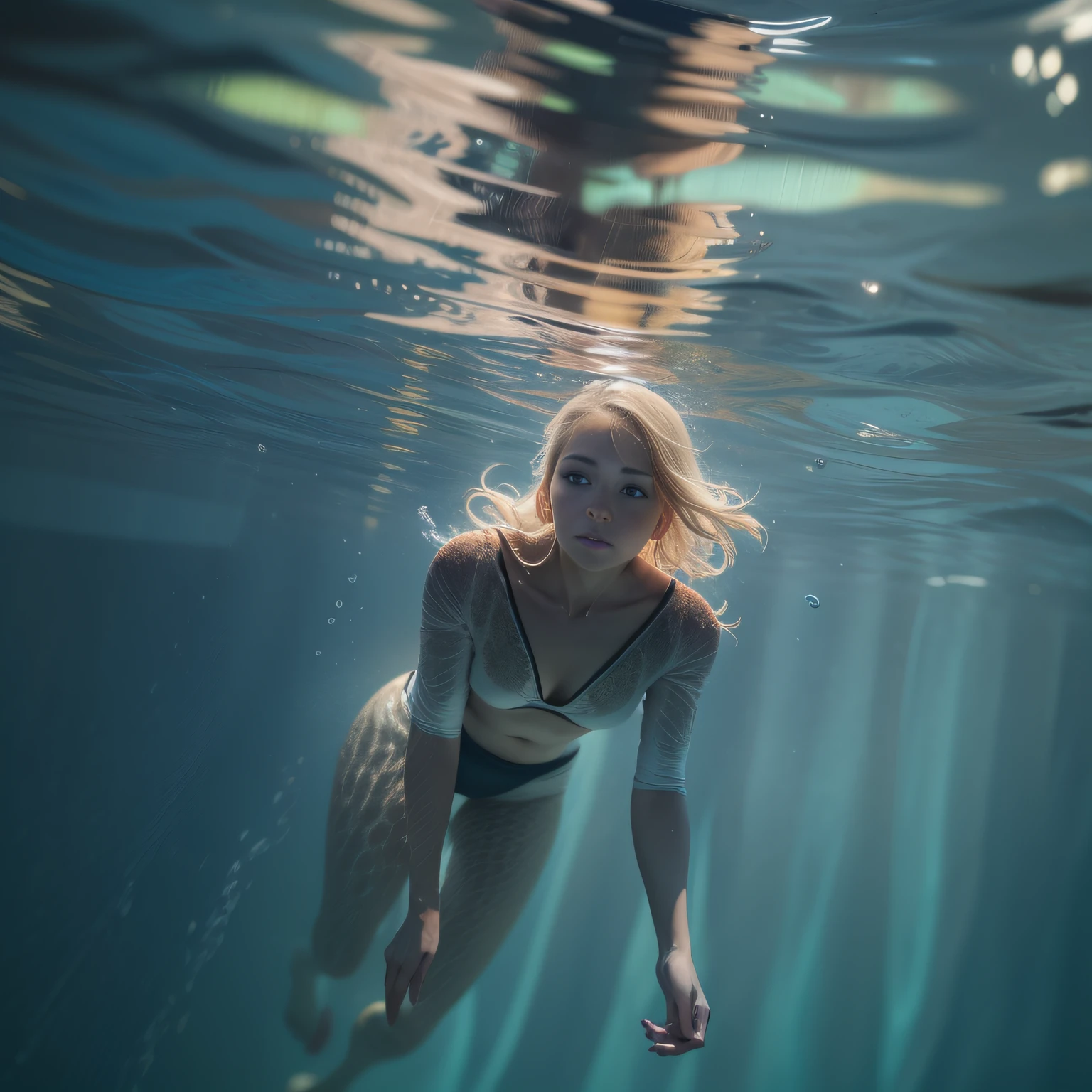 35mm, f/2.8, Incredible detail and realistic body shots, A small light coming in from below, A blonde woman swimming at the bottom of the sea, Small surface like a mirror, Perfect body, Beautiful human legs, Her beautiful face,