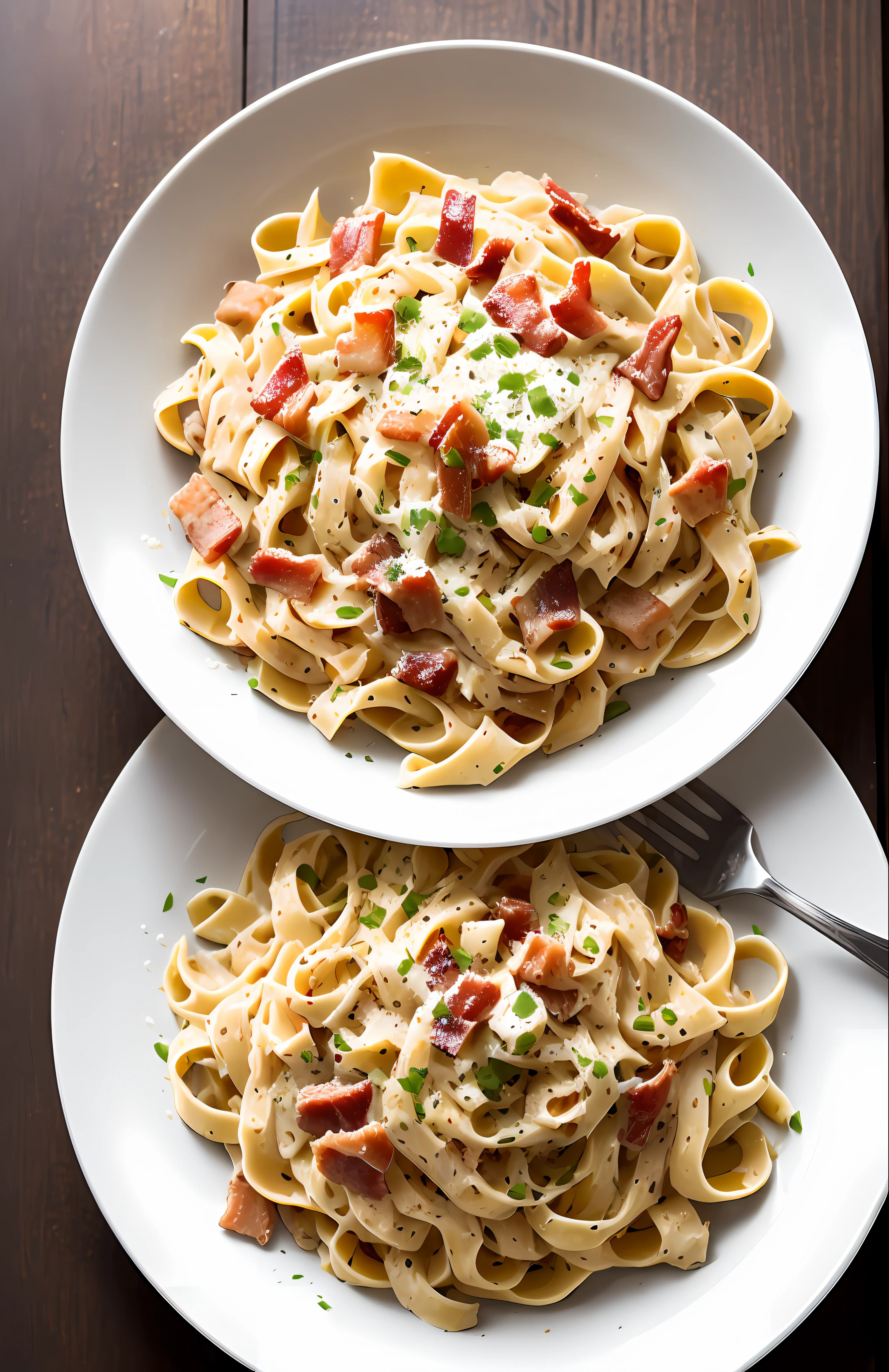 a creamy fettuccine pasta,bacon, food photography,view from top,full body