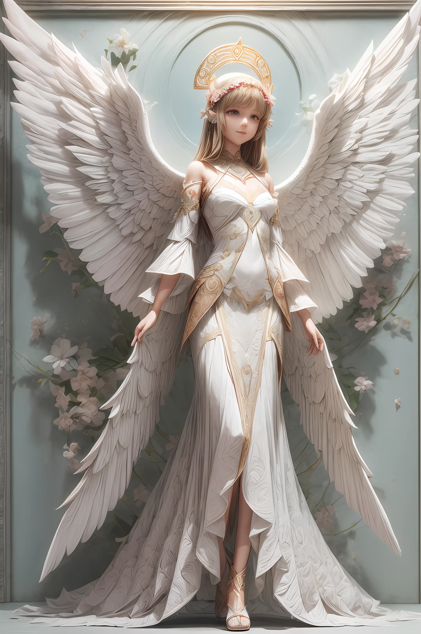 (Begonia:1.2),Solo, full body,An angel girl with shining wings behind her, Halo, Delicate headgear,ssmile,paper art,(Quilted paper art),(geomerty:1.2),a 3D render,extremely detaile, Cinematic lighting effects,4K,tmasterpiece,offcial art