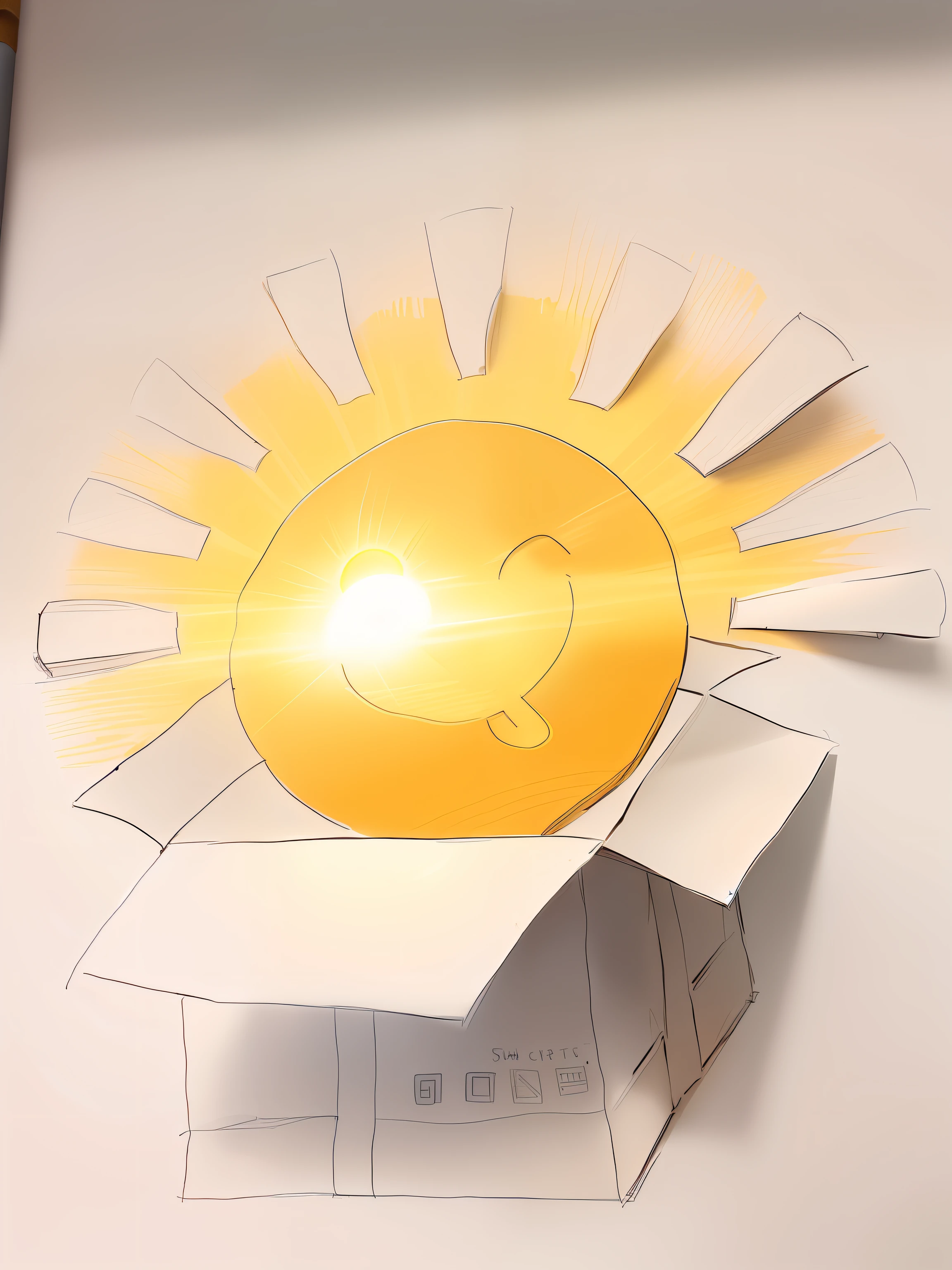 ((Draw a sun in the delivery box)),There is a clock on it,In the background is a building, Simple drawing, conceptual drawing, minimalistic drawing, simple shading, no shade, faded drawing, with the sun shining on it, drawn on white parchment paper, inspired by Ben Nicholson, contour drawing, very flat shading, intermediate art, Rough sketch, Sunlight shines, Concept sketch box packaging