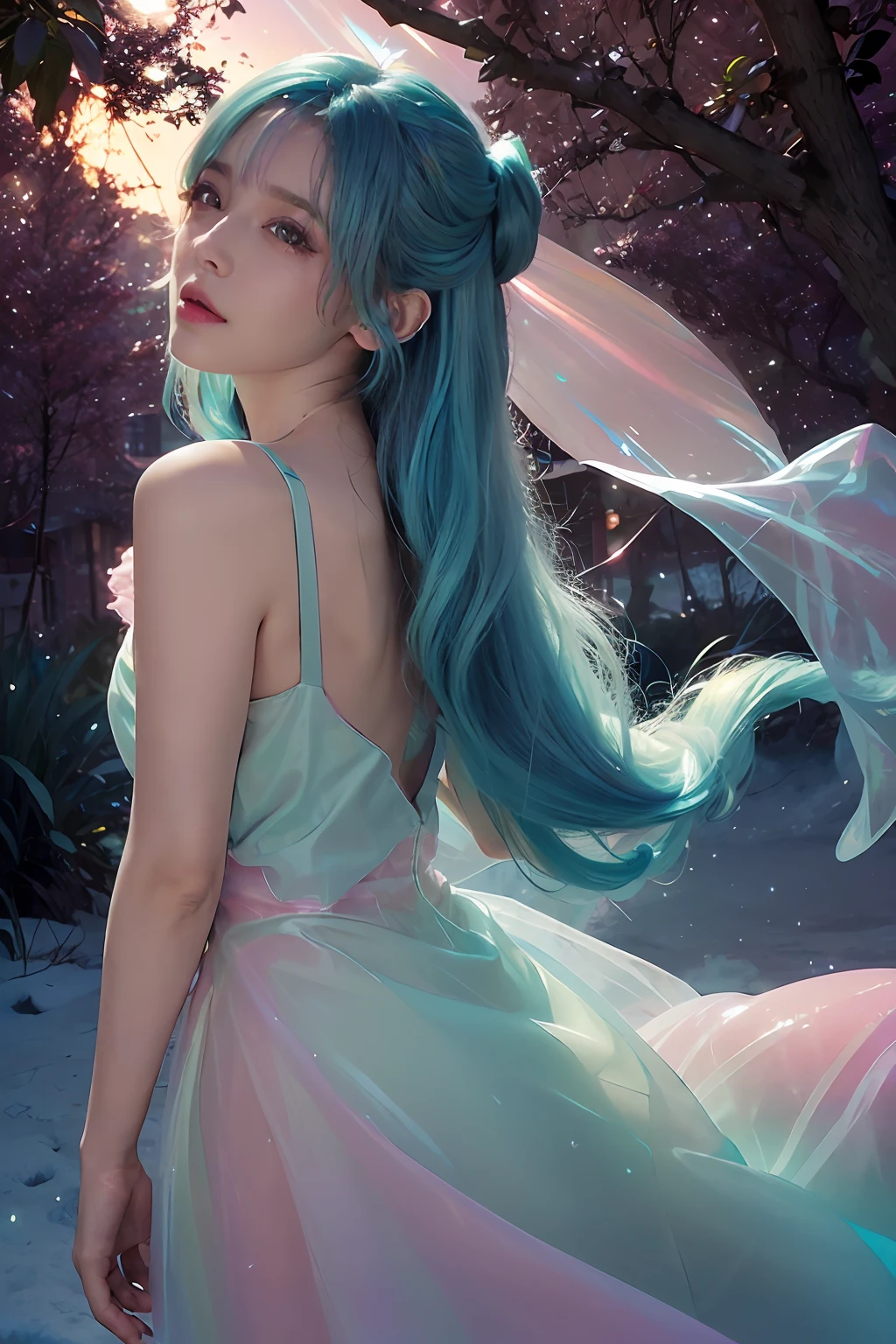 (fluorescent colors:1.4),(translucent:1.4),(retro filters:1.4), (fantasy:1.4), candy world Disney land ethereal soft fluffy soft landscape forest snowavatar Pastel pink sky green blue sparkle ethereal light pastel whimsical light rainbow stars diamonds sparkle gemstone background hyper realistic Ultra quality cinematic lighting immense detail Full hd painting Well lit,