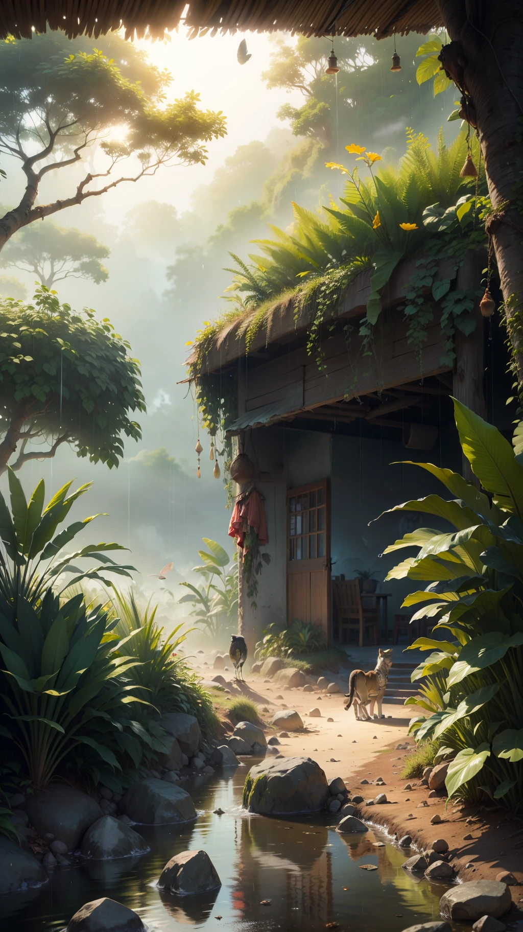 Enchanting African scenery, super vibrant, extremely detailed, photorealistic, jungle, 8k, raining, birds, lions, butterflies