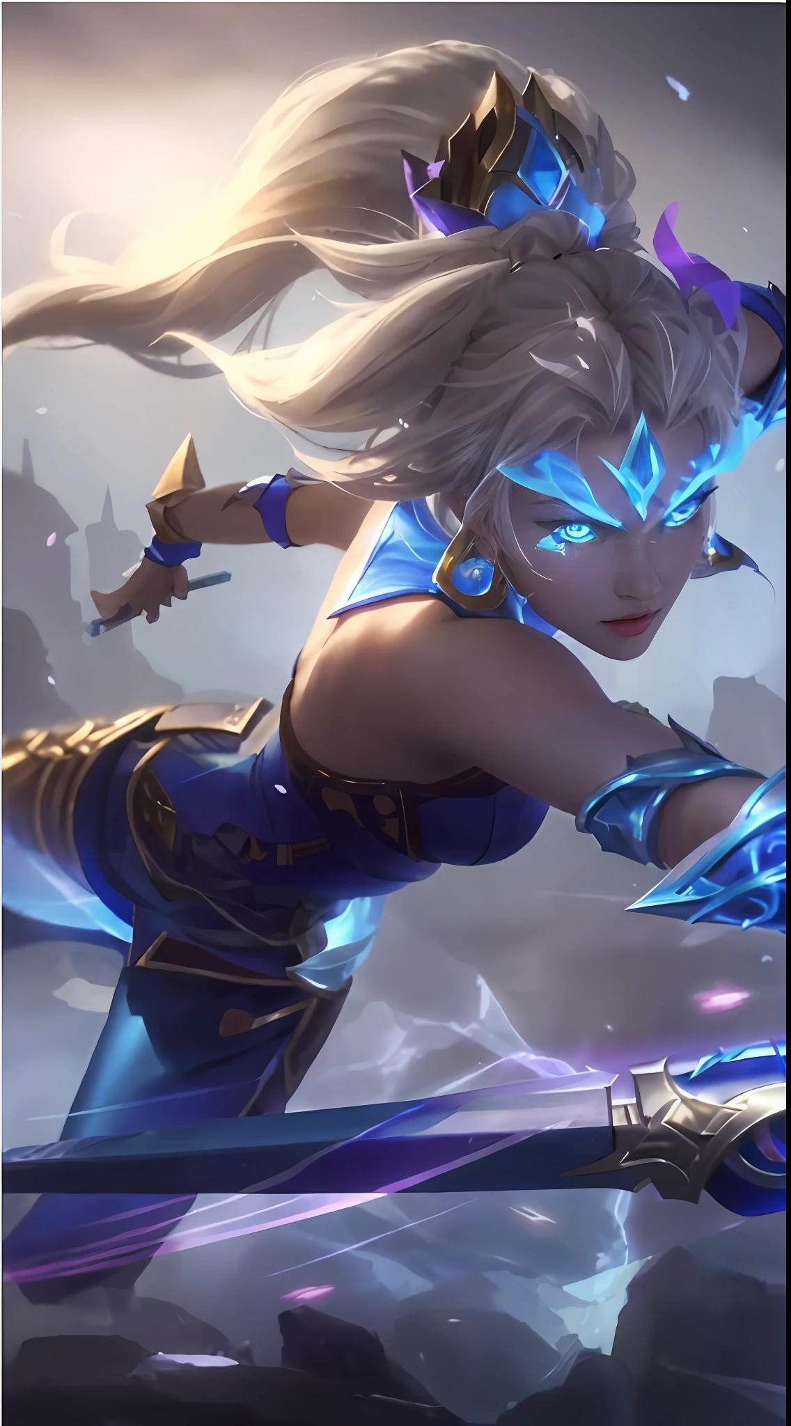 A woman dressed in blue holds a sword and a sword, League of Legends character, style league of legends, style of league of legends, trending artgerm, Style Artgerm, IG model | Art germ, Artistic germ style, Extremely detailed Artgerm, art-style, as seen on artgerm，blue colored eyes，Blue eyebrows，White hair，glowing light eyes，The body is empty