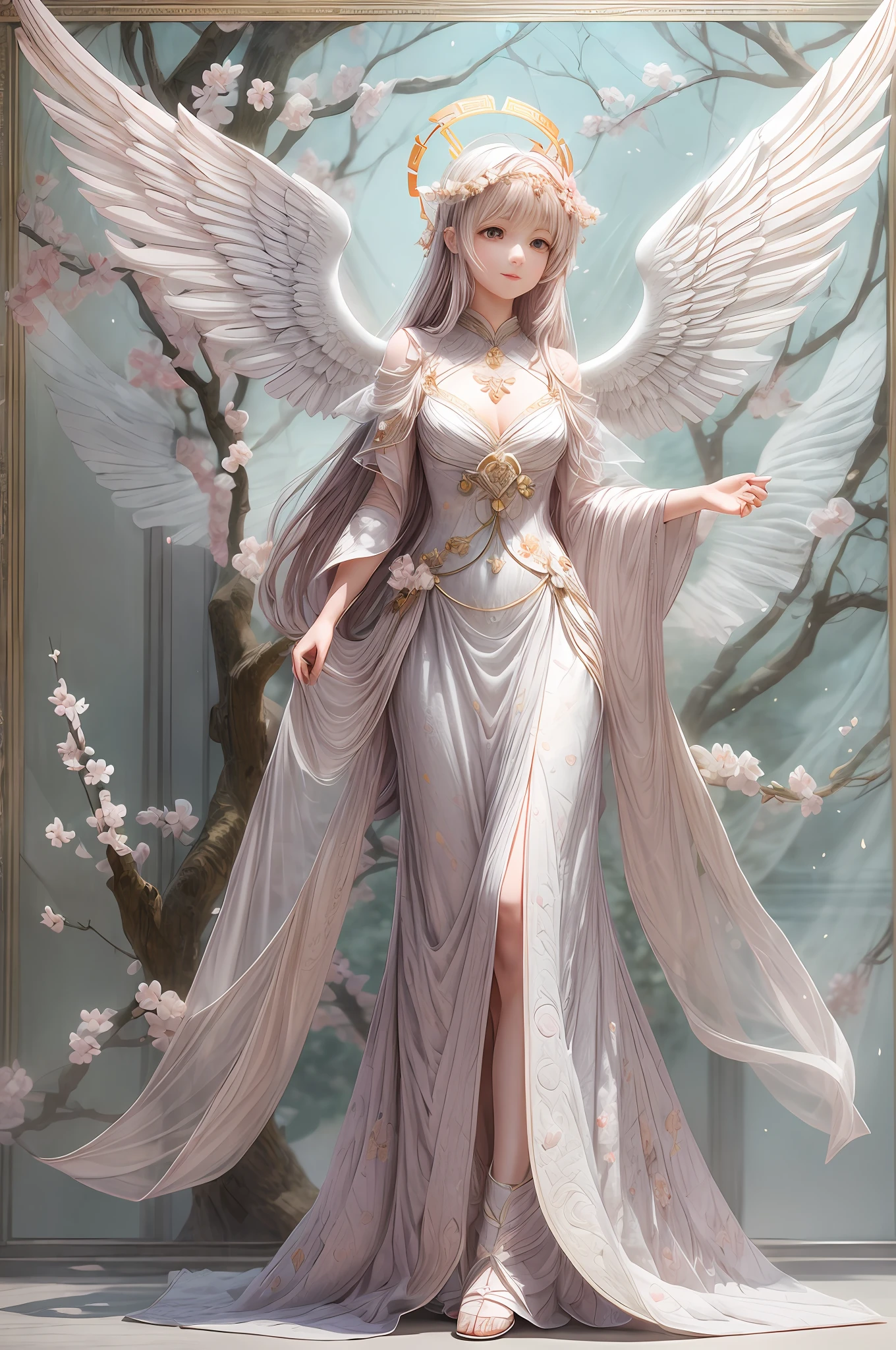 (plum blossom:1.2),Solo, full body,An angel girl with shining wings behind her, Halo, Delicate headgear,ssmile,paper art,(Quilted paper art),(geomerty:1.2),a 3D render,extremely detaile, Cinematic lighting effects,4K,tmasterpiece,offcial art