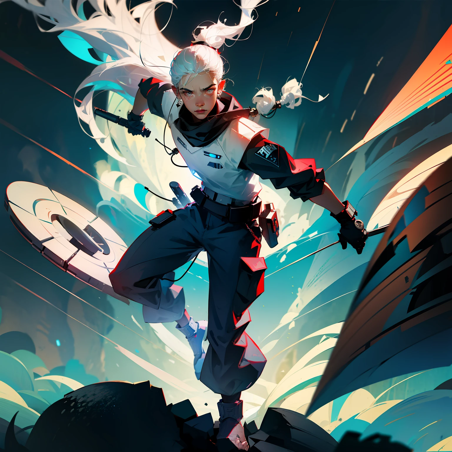 Brave boy,Foot flotation board,Wear headphones and glasses,holding a double gun,Tech Style,Future era,Cool white hair,Dynamic Star Wars background --auto