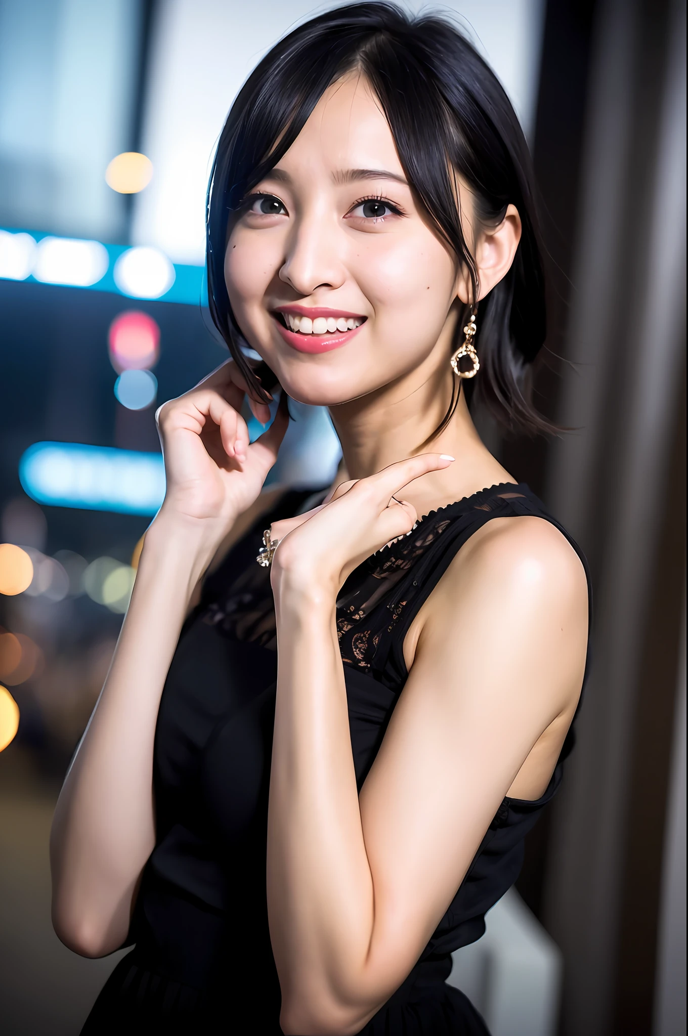 close up portrait, laughing, 22 years old female, looking at viewer, cinematic, 8k, best quality, masterpiece, hard lighting, amazing eye detail, prefect eyes, black eyes lots of fine detail, ((black hair)), sci-fi movie style, outdoor (in the Tokyo city) night photo, photography, natural light, photorealism, cinematic rendering, ray tracing, the highest quality, the highest detail, Cinematic, Third-Person View, Blur Effect, Long Exposure, 8K, Ultra-HD, Natural Lighting, Moody Lighting, Cinematic Lighting,