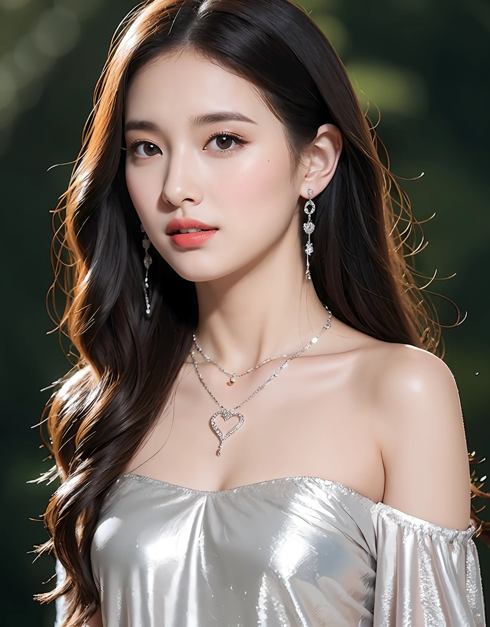 Portrait of a young woman wearing a black off-the-shoulder blouse, Display a delicate silver necklace and a heart-shaped pendant. (8K, Best quality : 1.2), (Masterpiece, Photorealistic : 1.3), Super detail