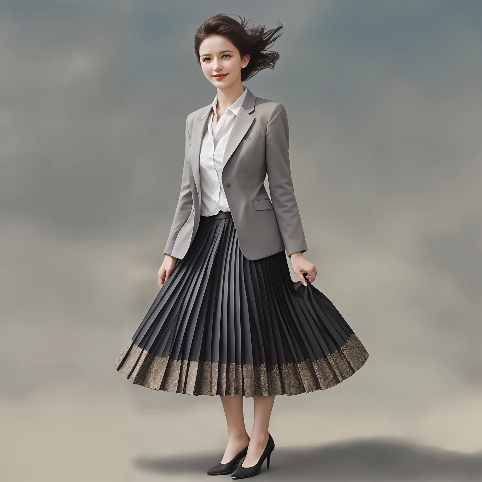 authentic (very shy:1,4 smiling) good woman wearing a short blazer with a very very detailed (long (fully pleated) full circle skirt) and (simple) low heeled office shoes, very very intricate hyper-detailed symmetric (attractive graceful young feminine face) with (sad, tired eyes and shy smile:1,1), full of empathy and compassion and love, (pronounced (feminine) features), (highly detailed ultra accurate realistic) hands and fingers, (windy conditions and wind blowing), epic composition, highly detailed attributes, highly detailed atmosphere, (35mm f1.4 Kodak portra 400 photograph), extremely high quality RAW photograph, intricate, Exquisite details and textures,