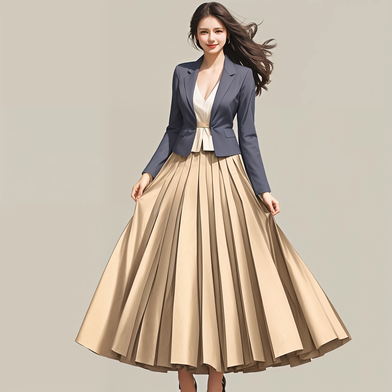 authentic (shy smiling) good woman wearing a short blazer with a very very detailed (long (fully pleated) full circle skirt) and (simple) low heeled office shoes, very very intricate hyper-detailed symmetric (attractive graceful young feminine face) with (sad, tired eyes and shy smile:1,1), large breasts, full of empathy and compassion and love, (pronounced (feminine) features), (highly detailed ultra accurate realistic) hands and fingers, (windy conditions and wind blowing), epic composition, highly detailed attributes, highly detailed atmosphere, (35mm f1.4 Kodak portra 400 photograph), extremely high quality RAW photograph, intricate, Exquisite details and textures,