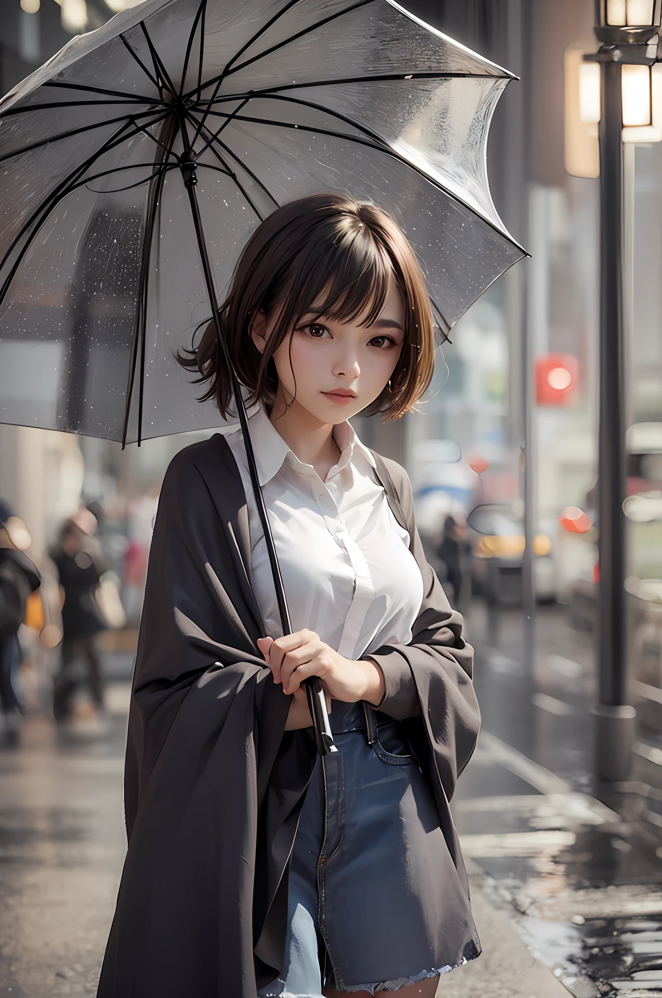 Rainy evening, woman holding umbrella waiting to cross the road,