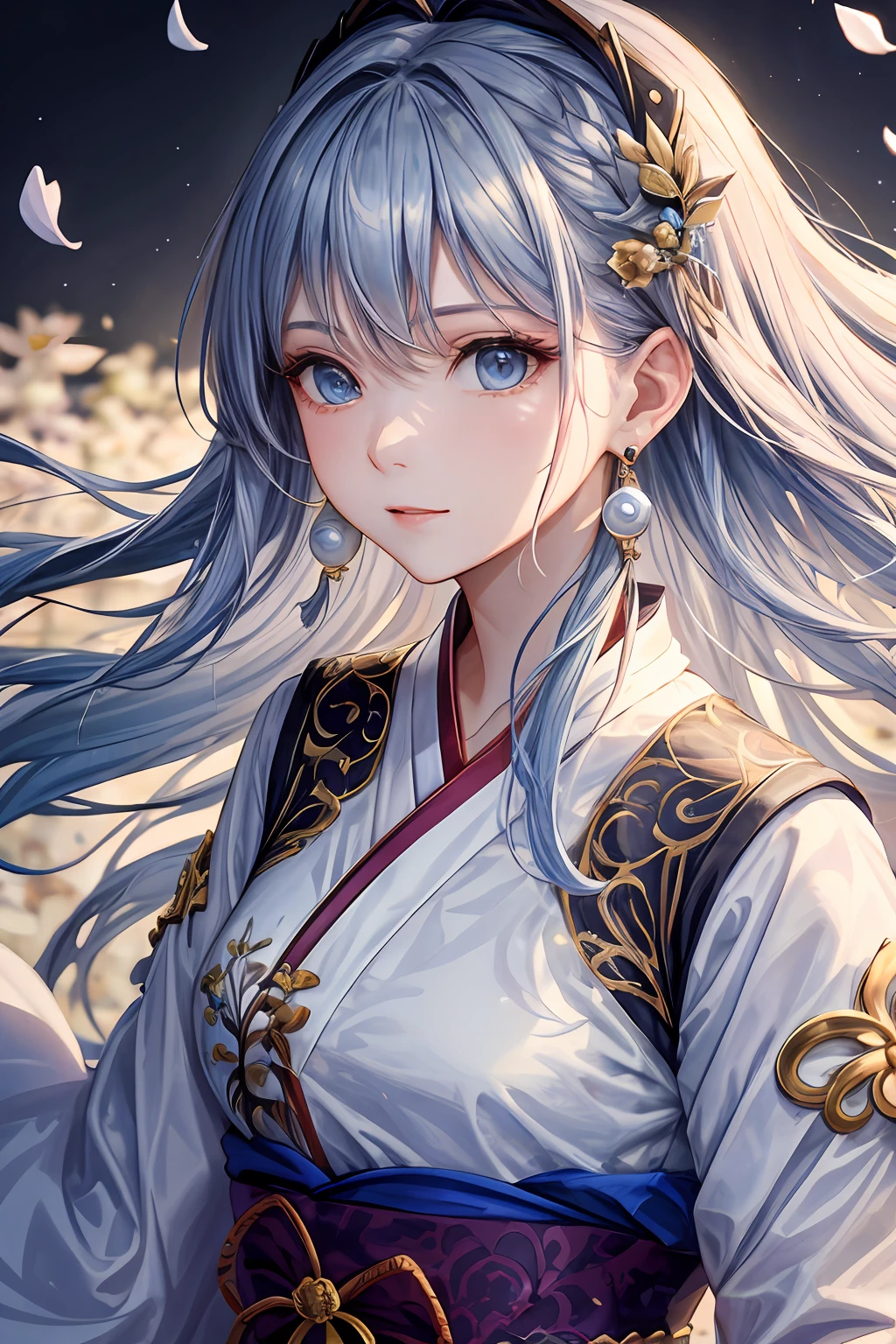 Mature girl, blue and white hair color, inner pick dye, floating hair, delicate and smart eyes, intricate damask hanfu, gorgeous accessories, wearing pearl earrings, FOV, f/1.8, masterpiece, complex scene, petals flying, front portrait shot, Chang'e, side lighting