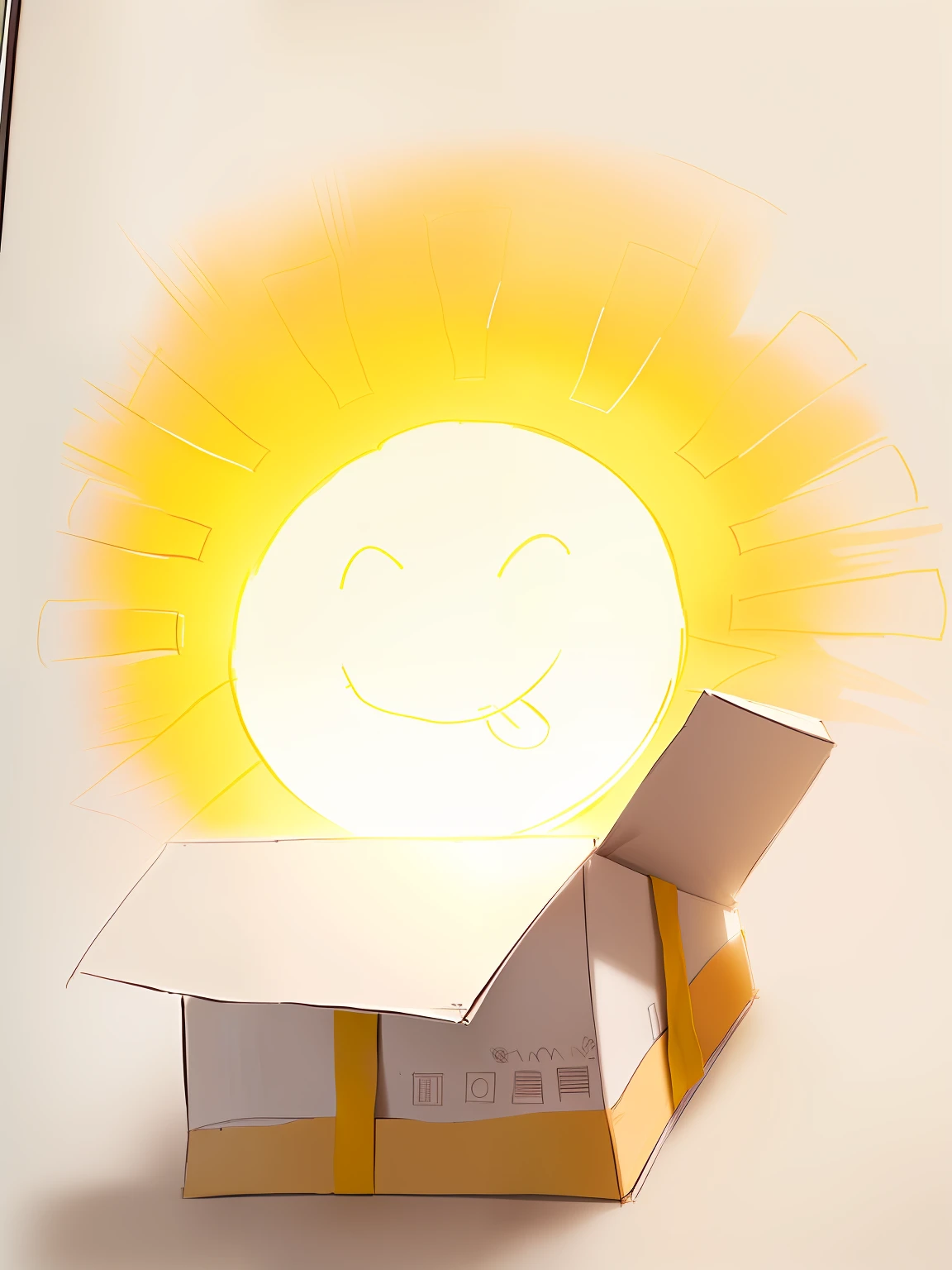 （（Draw a sun in the delivery box）），There is a clock on it，In the background is a building, Simple drawing, conceptual drawing, minimalistic drawing, simple shading, no shade, faded drawing, with the sun shining on it, drawn on white parchment paper, inspired by Ben Nicholson, contour drawing, very flat shading, intermediate art, Rough sketch, Sunlight shines, Concept sketch box packaging