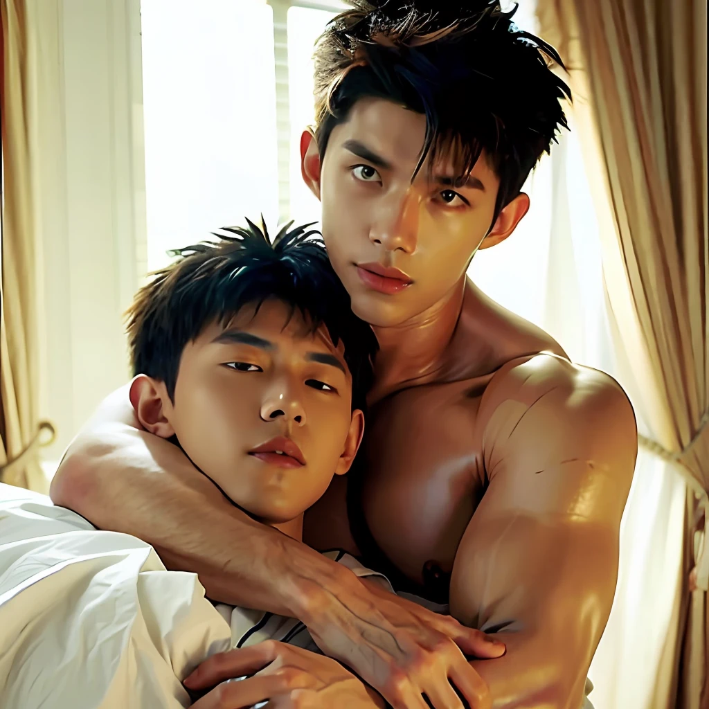 best qualtiy，（realisticlying：1.4）， tmasterpiece， Kodak Portra 400， white bed sheet，Lie flat on the bed,（Face focus：1.3），1boys ，white skinned，Show muscles， posing on a， looking at viewert ， sface focus