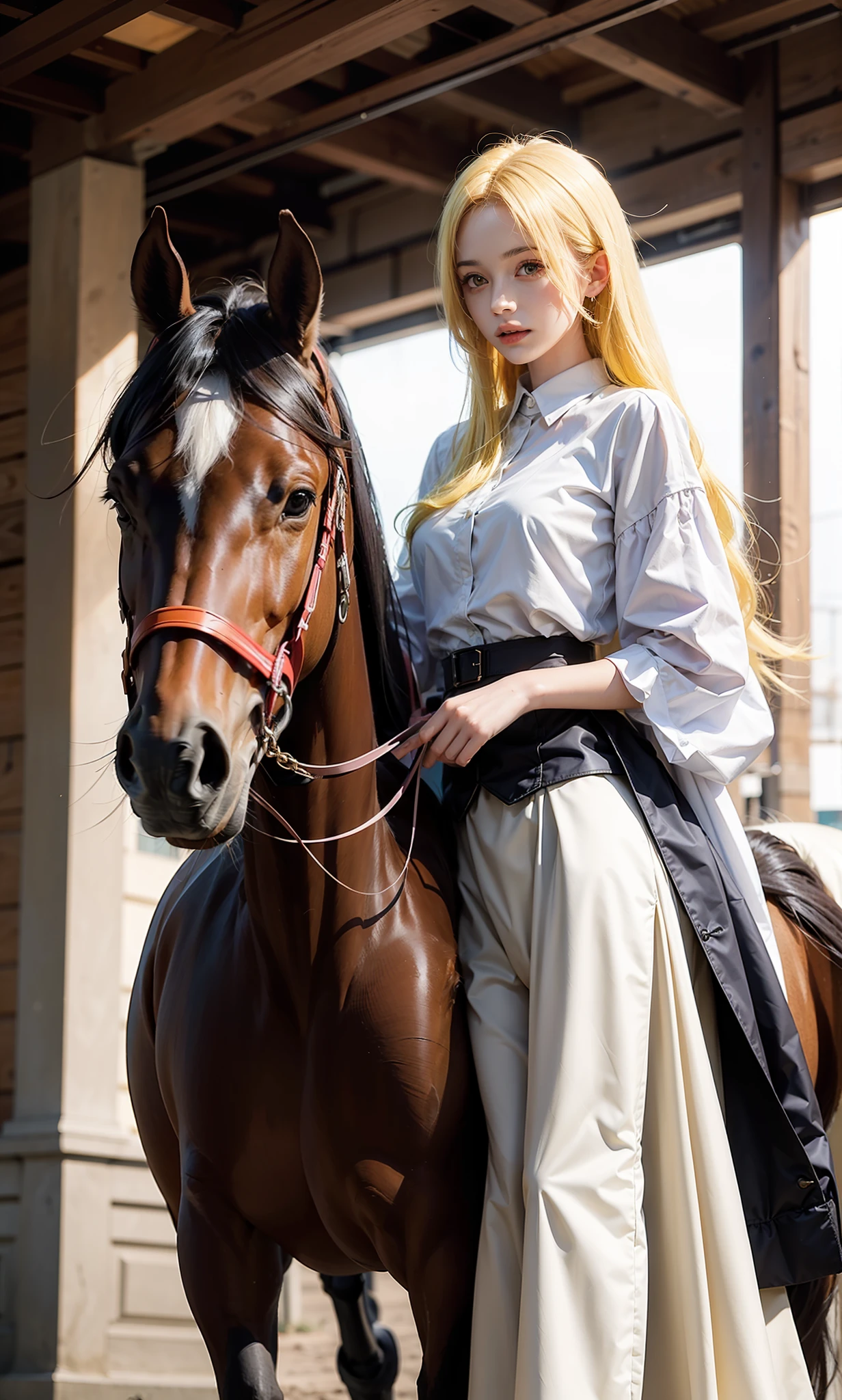 24 year old female model face,Particularly bright light,best qualtiy,a matural female,Yellow hair,wearing a white skirt,Always leading a horse covered in hair,Yellow-haired horses are slightly taller than humans,The horse is on the right side of the man