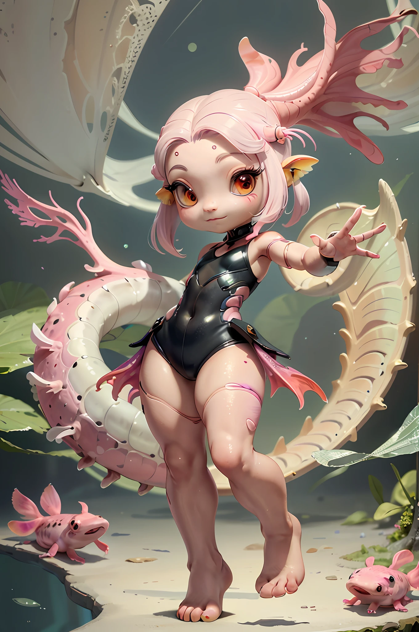 (Very high quality, masterpiece, a portrait of a mixed humanoid female axolotl.) (Full body, small) (wide hips)