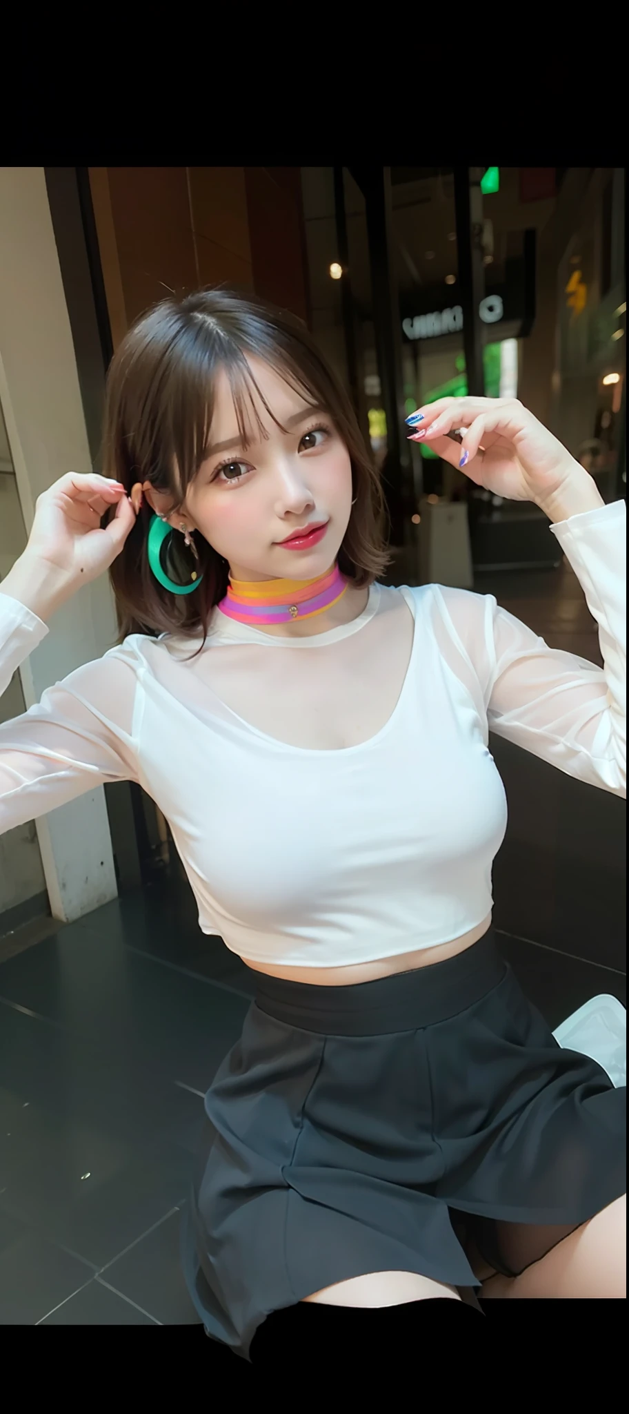 ((medium breast, small head)), daylight, sunlight, (perfect body : 1.1), (young), (short wavy hair : 1.2) , choker, full body shot, crowded street, ((wearing a pink see-through tight wet crop camisole top)), ((miniskirt)), (extremely detailed CG 8k wallpaper), (an extremely delicate and beautiful), (masterpiece), (best quality:1.0), (ultra highres:1.0),  beautiful lighting ,stiff nipple, cameltoe, perfect lightning,pulling skirt, realistic shadows, [highres], detailed skin, ultra-detailed, spread thigh, one leg up, squatting on the floor, black thighhigh, red high heels, large earring, thighs, (((colorful))), topless, beauty mark, angle from below