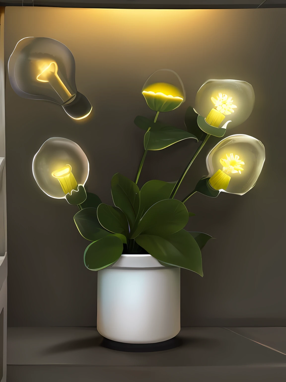 Flowers with light bulbs were planted in the pots，There are lush foliage around