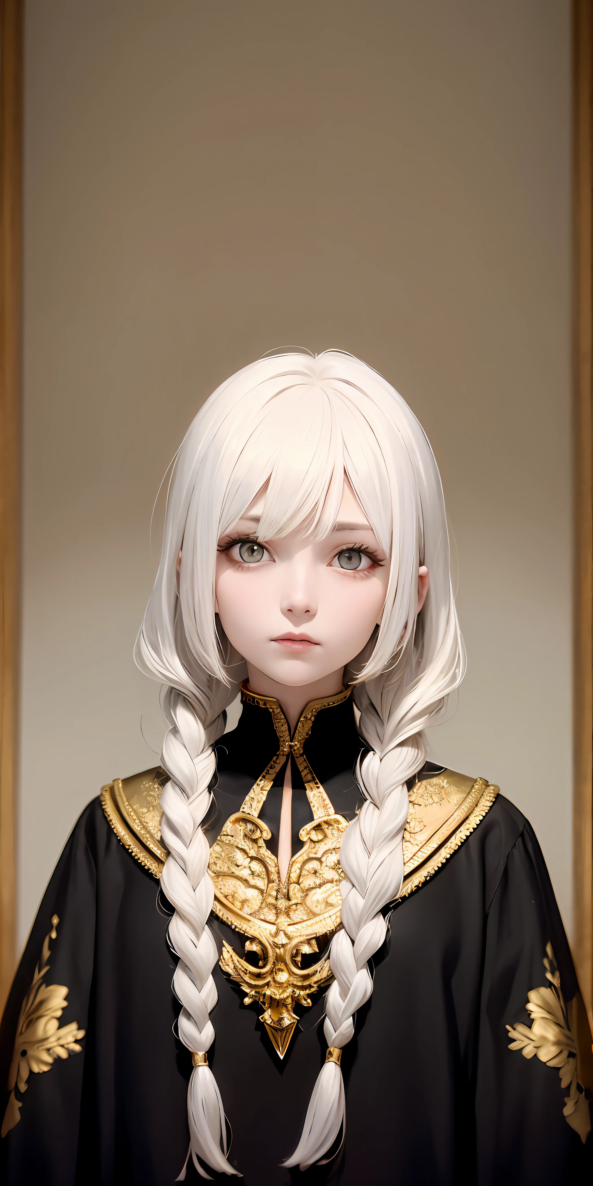 best quality, masterpiece,white hair, gold eyes,red & gold clothes, looking up, upper body,hair strand,Fair skin,side braids