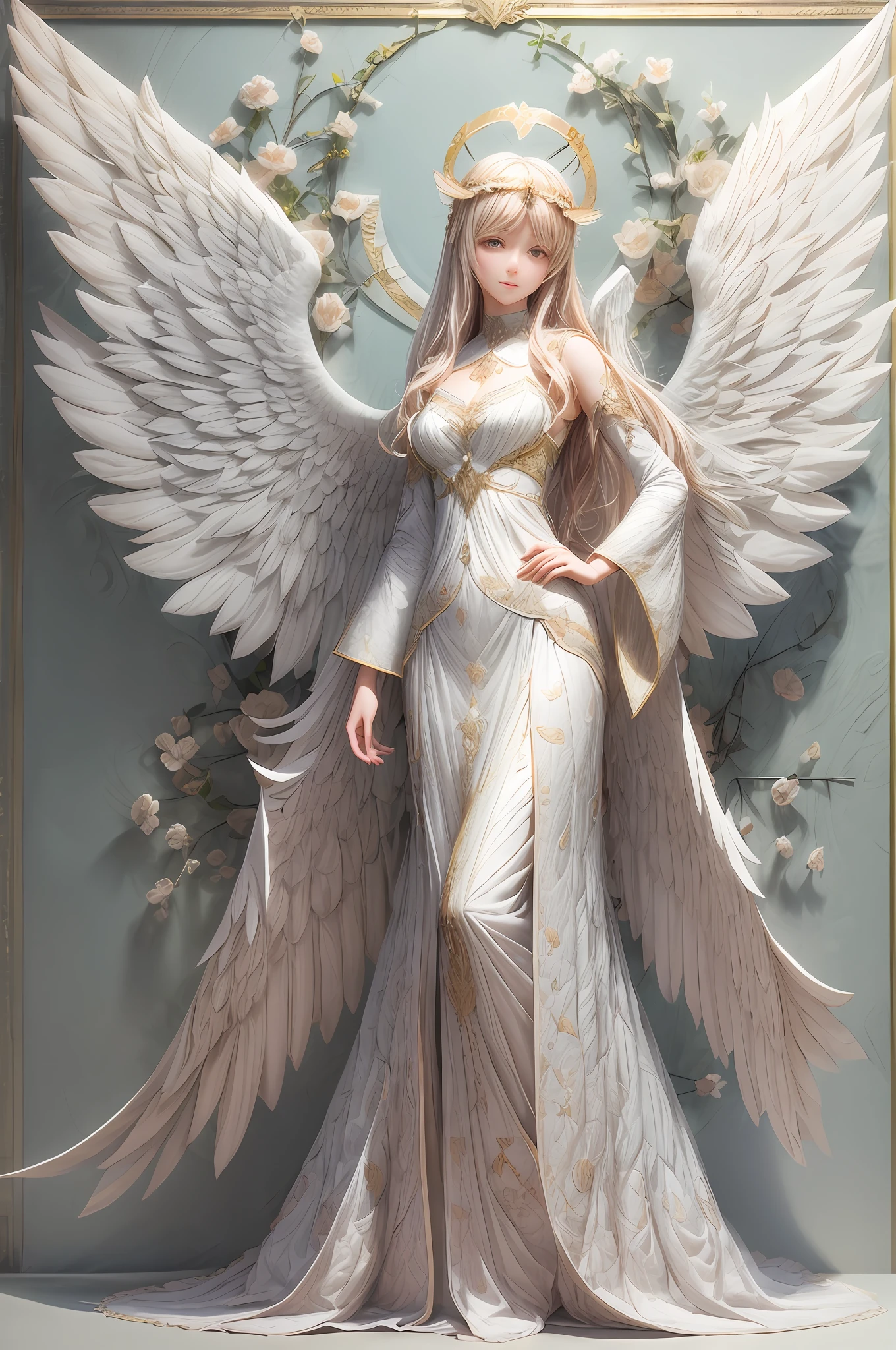 （camellia:1.2)，Solo, full body，An angel girl with shining wings behind her, Halo, Delicate headgear，ssmile，paper art，(Quilted paper art),(geomerty:1.2),a 3D render，extremely detaile, Cinematic lighting effects，4K，tmasterpiece，offcial art