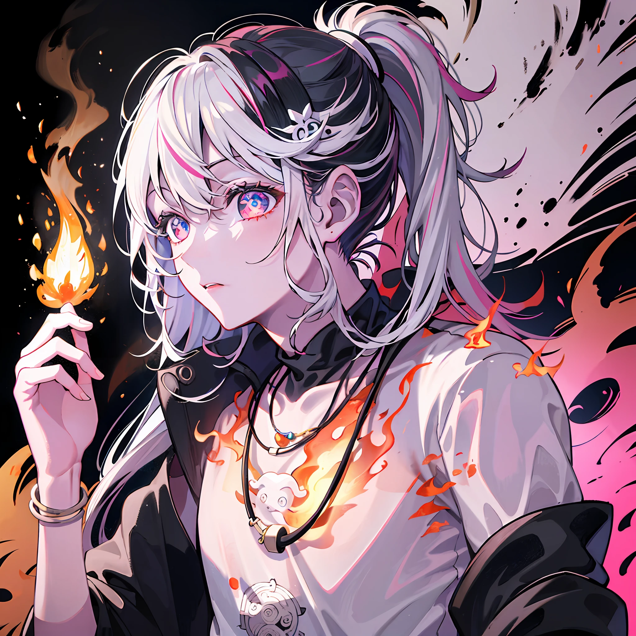 1 boy,High ponytail,Black and white hair,fortitude,With a light pink flame in the hand,Look down,Bust photo,Yin and Yang fish necklace,Ink wind