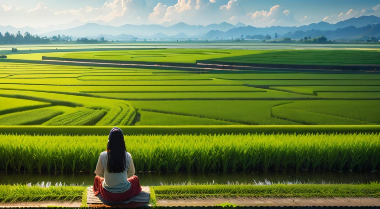 ricefields hera and there, wide view, a farmer on the right-hand side, --auto