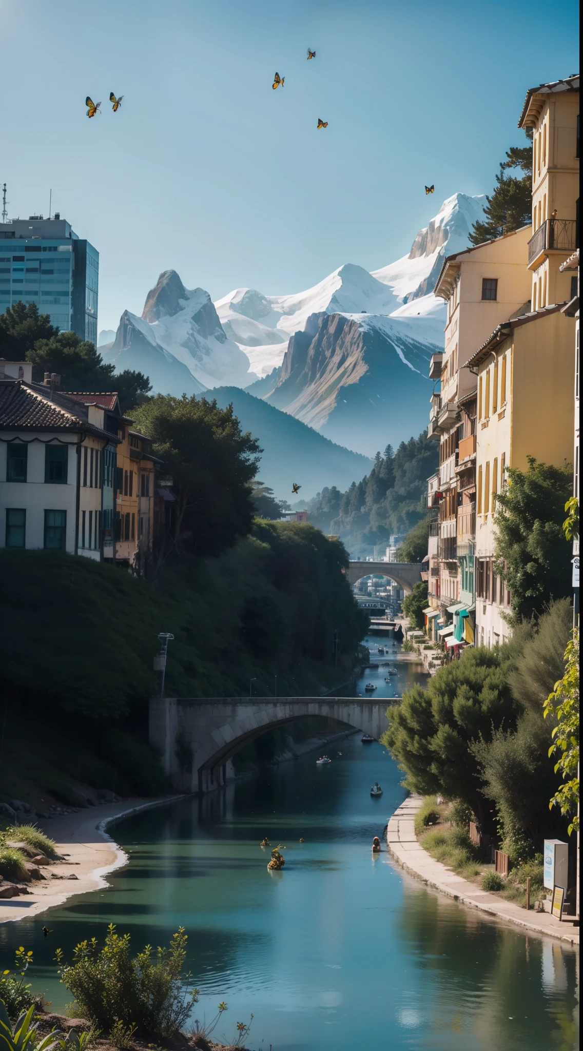 Golden African city in a jungle,  super vibrant,  extremely detailed, photorealistic, jungle, 8k, raining,  birds, butterflies, multi colored bees, rocky mountains,  snow, high  res, dslr, with fountain flowing cyan water, technologically advanced city, skyscrapers, bees, bee hives