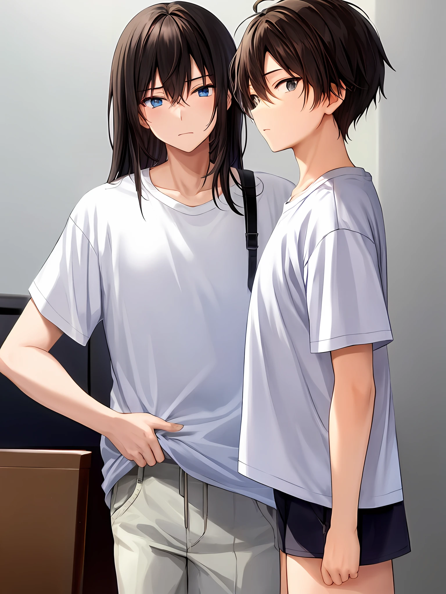brunette color hair、White T-shirt、黑The eye、Boy student、Two-dimensional style、cold-hearted,Boy without expression