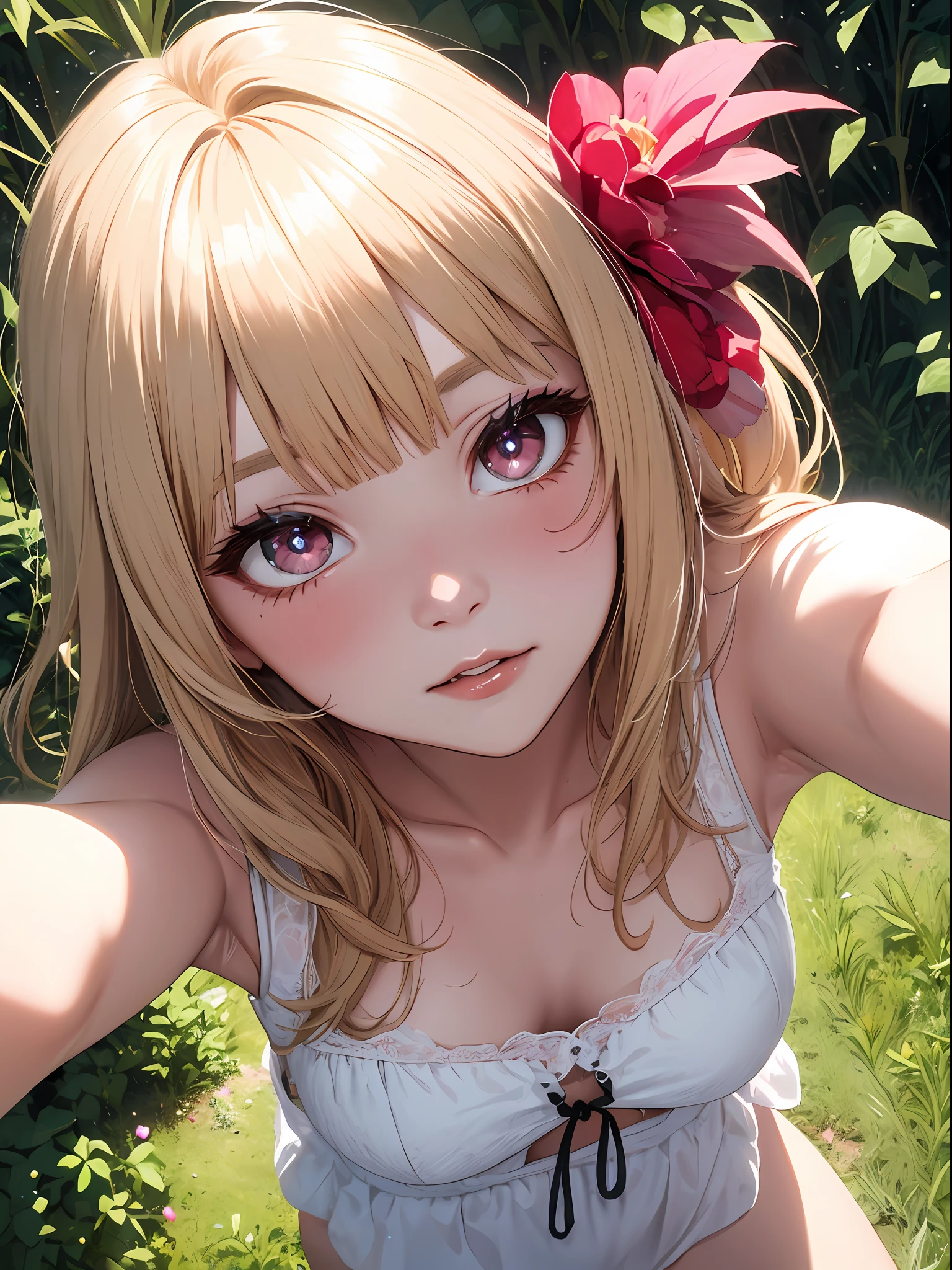 Sparkly pink eyes、a blond、shinny hair、Beautiful skins、One fine day、pupils、red blush、Mid summer、Shoulders bare、selfee、View from above、