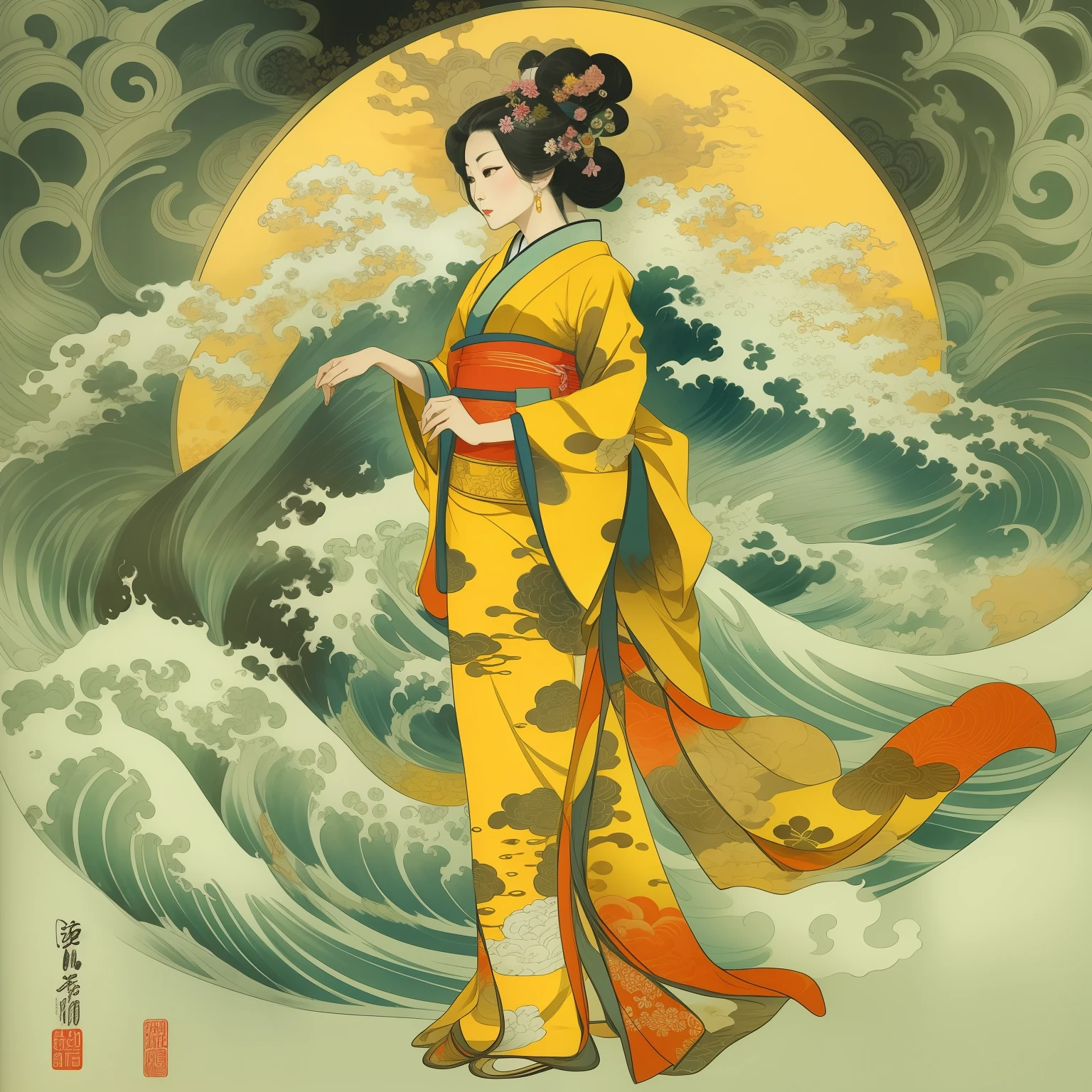 Full length portrait of a Goddess best quality, beautiful asian woman wearing kimono, ink painting in the style of artists such as Dali, Michelangelo, primary colors with white highlights, halftone, sensual, hair blowing, Hokusai wave background, ukiyo-e style, expressive, official art style, dark yellow and light black, full body, mystical, magical