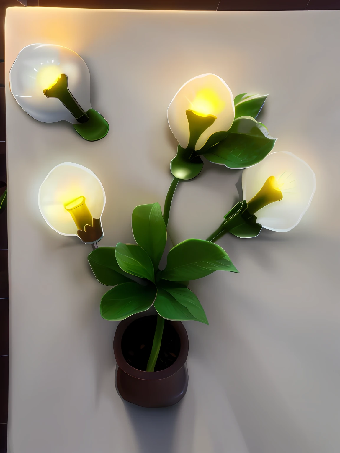Flowers with light bulbs were planted in the pots，There are lush foliage around