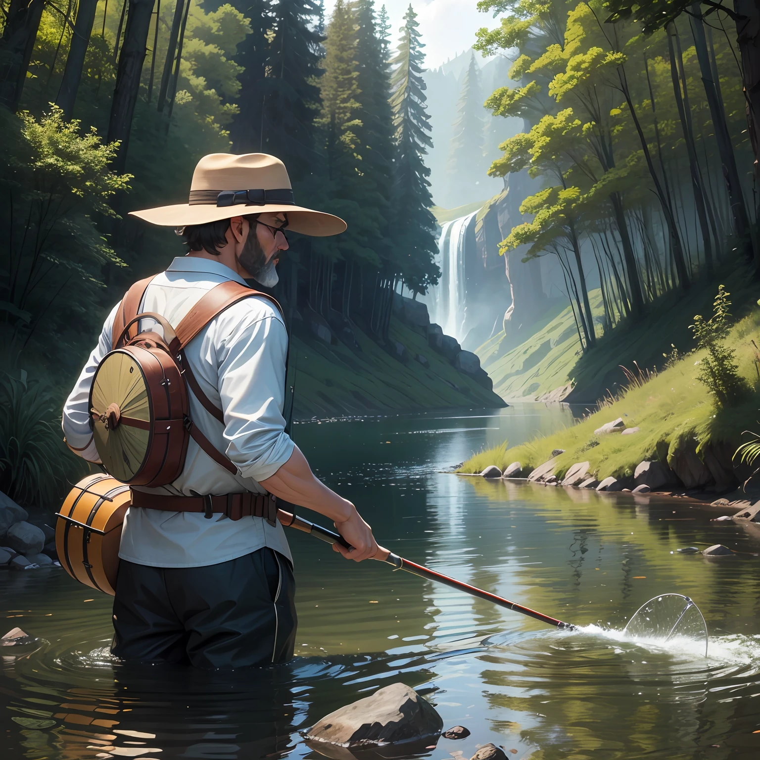 RAW photos，4K，tmasterpiece，A high resolution，extremly intricate）（realisticlying：1.4），A man is fishing（The man wears a fisherman's hat），fishing pole（The rod was bent by the struggling fish），Fish basket（The fish basket is placed next to the man），the river is crystal clear（You can see the stones in the river），There is a large forest in the distance --auto