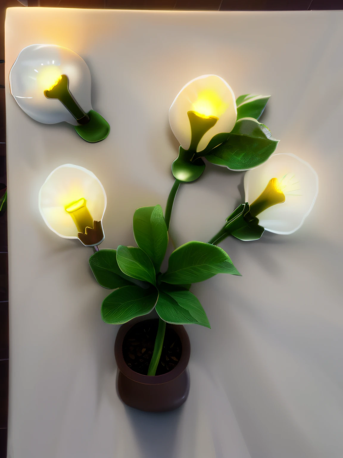 Flowers with light bulbs were planted in the pots，There are lush foliage around