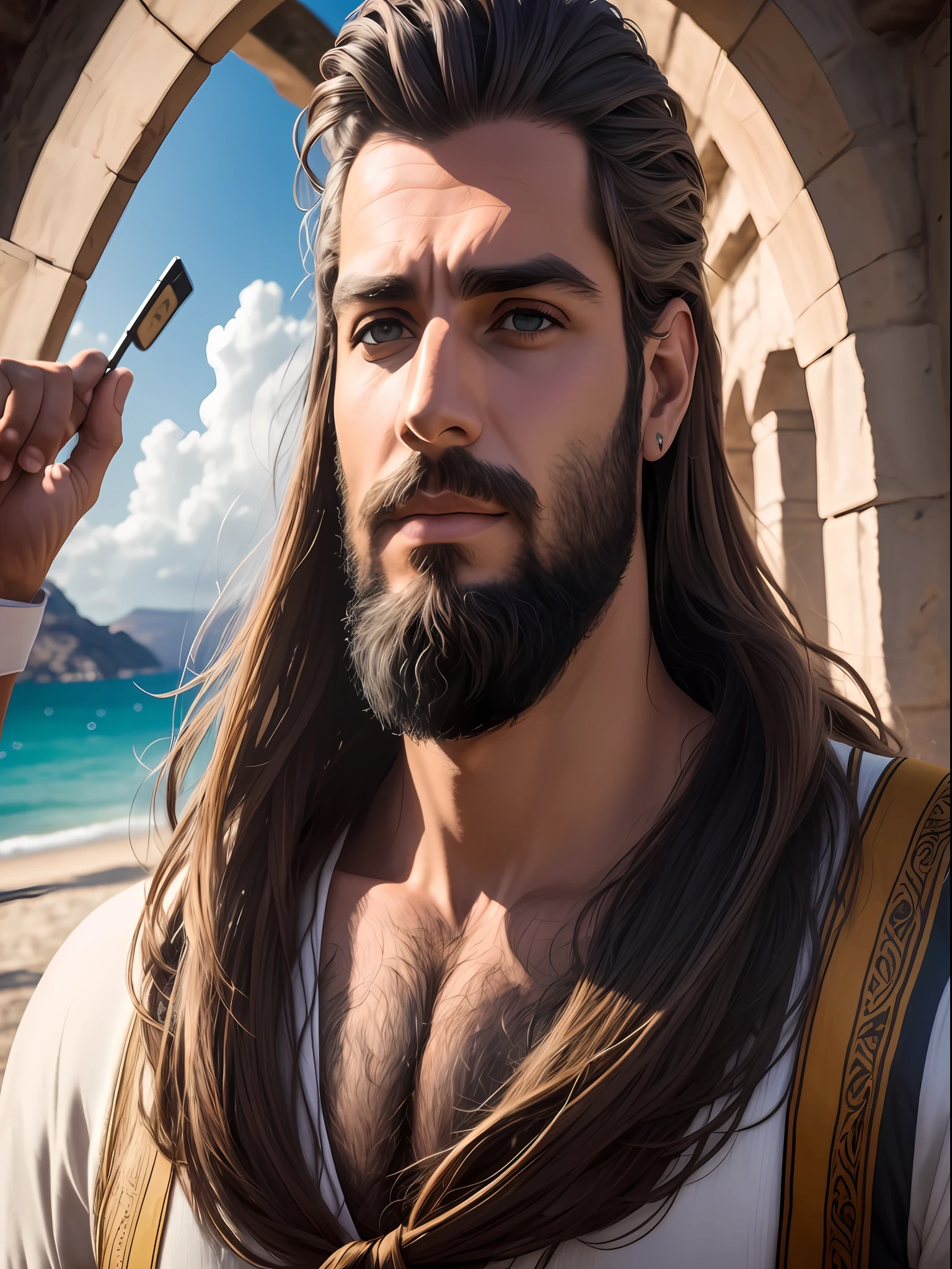 (4k, melhor qualidade, highres:1.1), (realista, foto-realista:1.1) retrato de um homem de meia idade, foco no rosto,  Looking at camera, eyes focused on camera, bem detalhado, barba grande, roupa medieval, pensador, Greece, grego, mitologia, brutal, forza, fundo transparente,