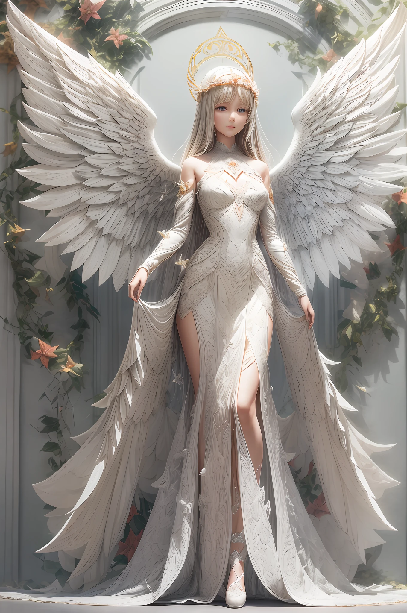 (Poinsettia:1.2),Solo, full body,An angel girl with shining wings behind her, Halo, Delicate headgear,ssmile,paper art,(Quilted paper art),(geomerty:1.2),a 3D render,extremely detaile, Cinematic lighting effects,4K,tmasterpiece,offcial art