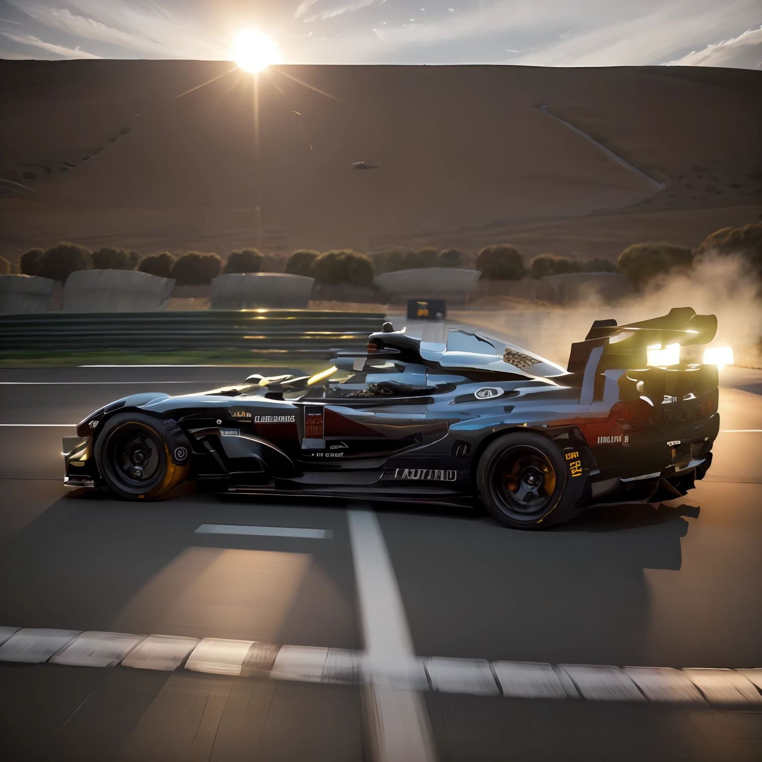 An F1 car hit the road at dusk, racer, long shot from back,  epic wide shot, Sports cars, stunning atmosphere, epic stunning atmosphere, Gorgeous atmosphere, cinema shot!, crisp smooth lines, epic low shot, high quality desktop wallpaper,