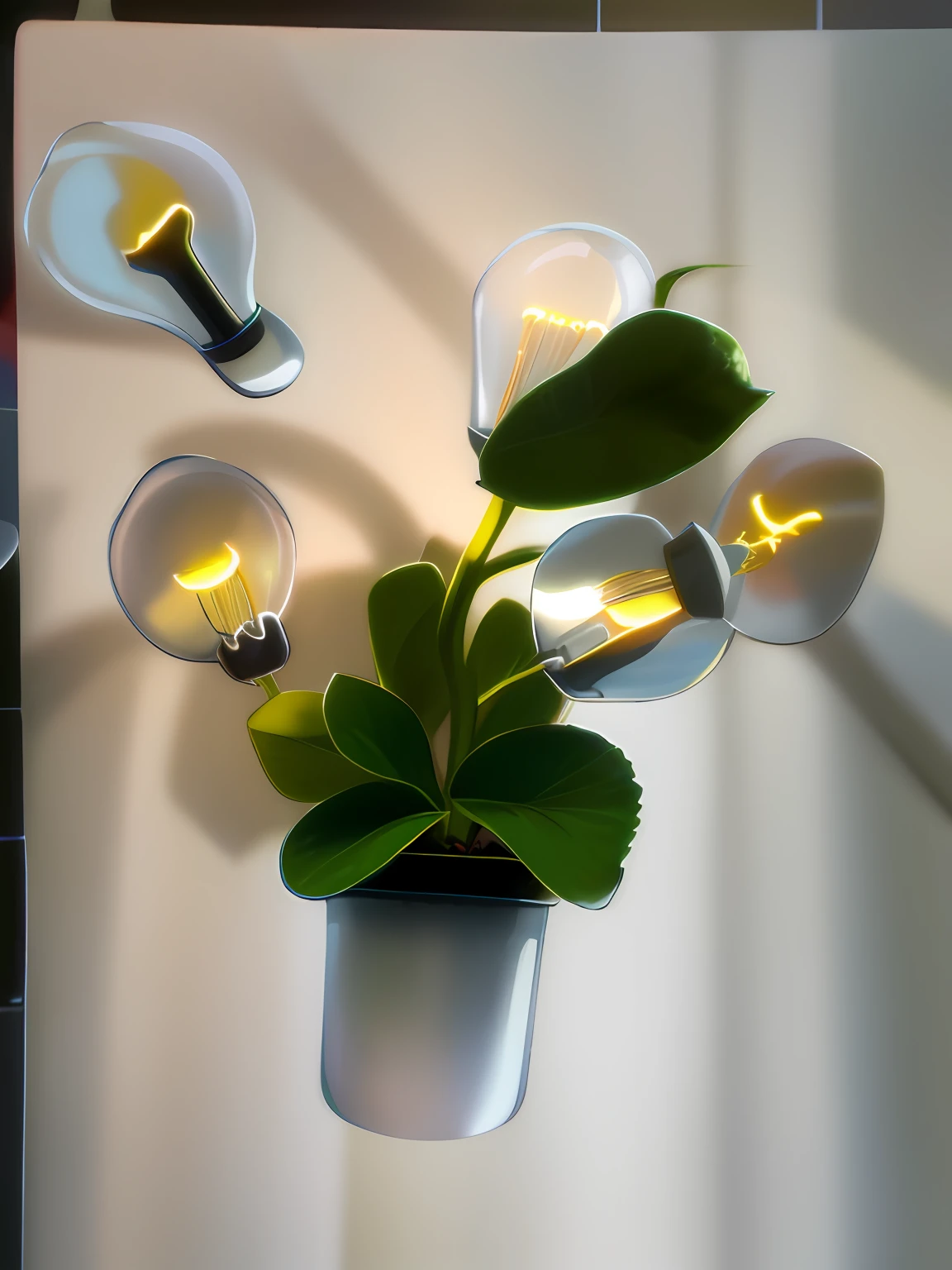 Flowers with light bulbs were planted in the pots,There are lush foliage around