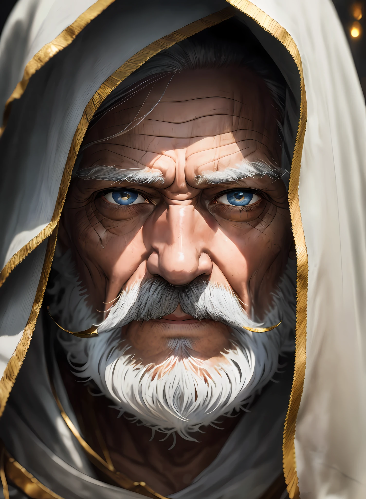 An epic portrait of elderly intense sinister eyes, and nose with long white beard, framed with a faded ancient tattered white linen hood, reflecting gold sparks in the irises of the eyes, white eyebrows, at night, dramatic lighting, high contrast, highest definition, hyperrealism, hyperrealistic, photorealistic, high resolution, hdr photography, 8k