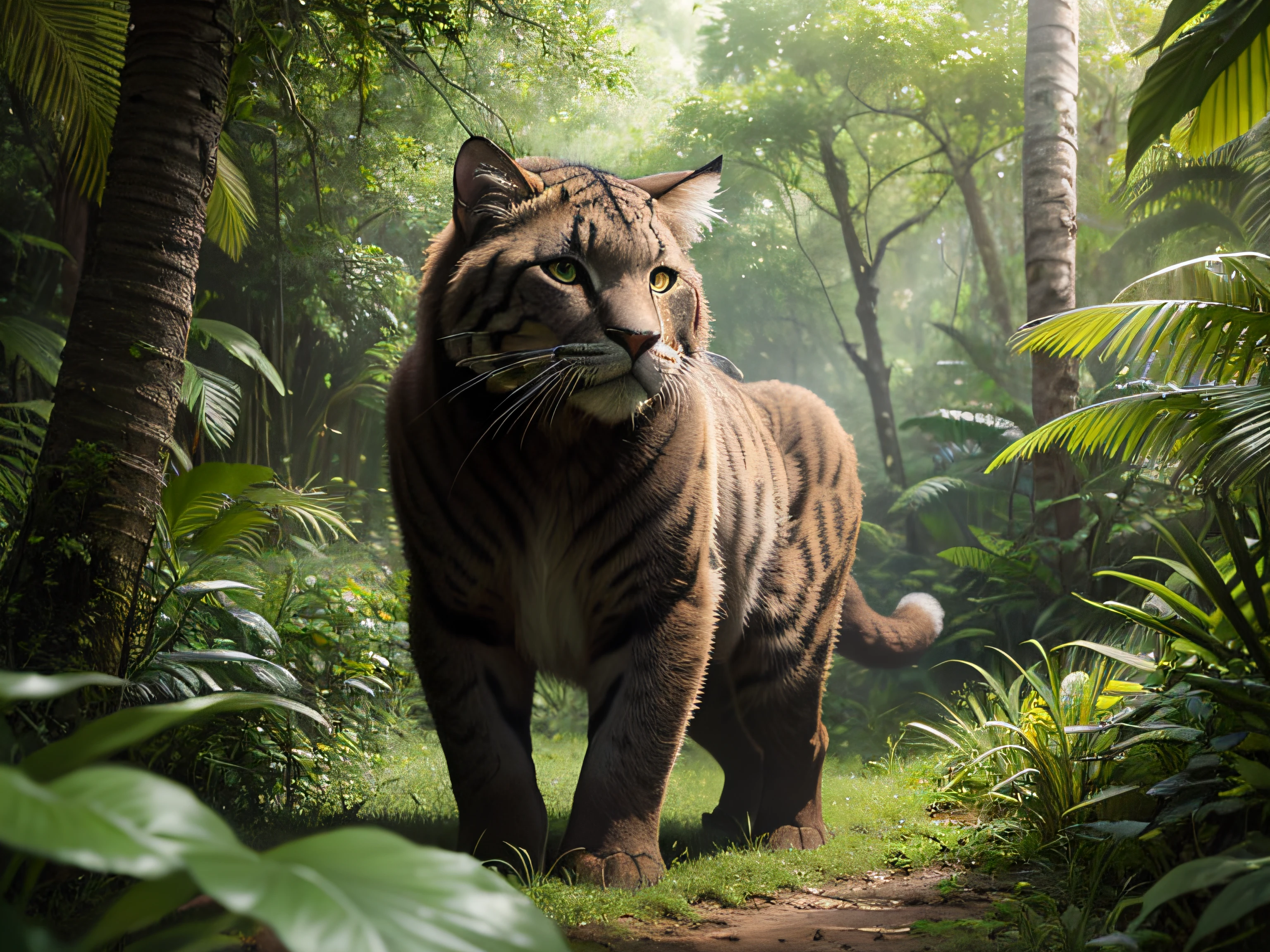 realistic photos of a big saber-toothed cat lurks in the lush vegetation of a dense jungle. Realistic. realistic detail, sparkle, Canon, Fujifilm, 35mm, 8k, super detail, ccurate, best quality, award winning